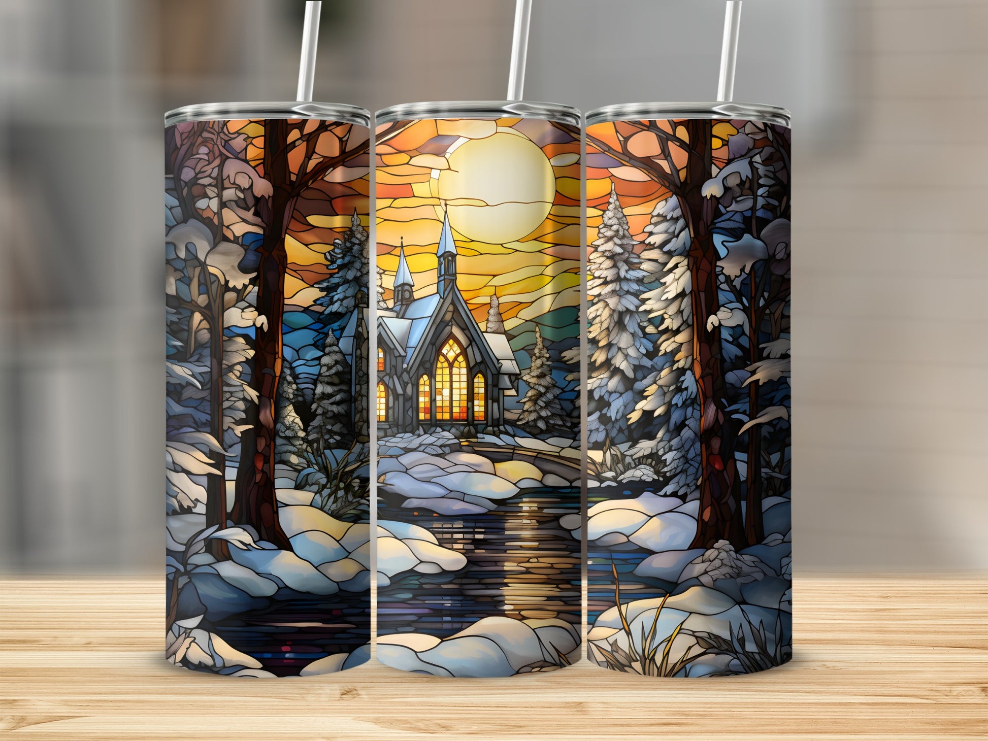 Winter scene with snow-covered trees, church, and moon on a tumbler.