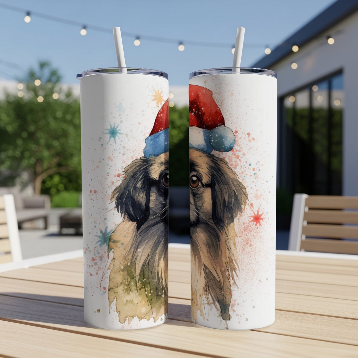 Two tumblers with a watercolor dog wearing a Santa hat.