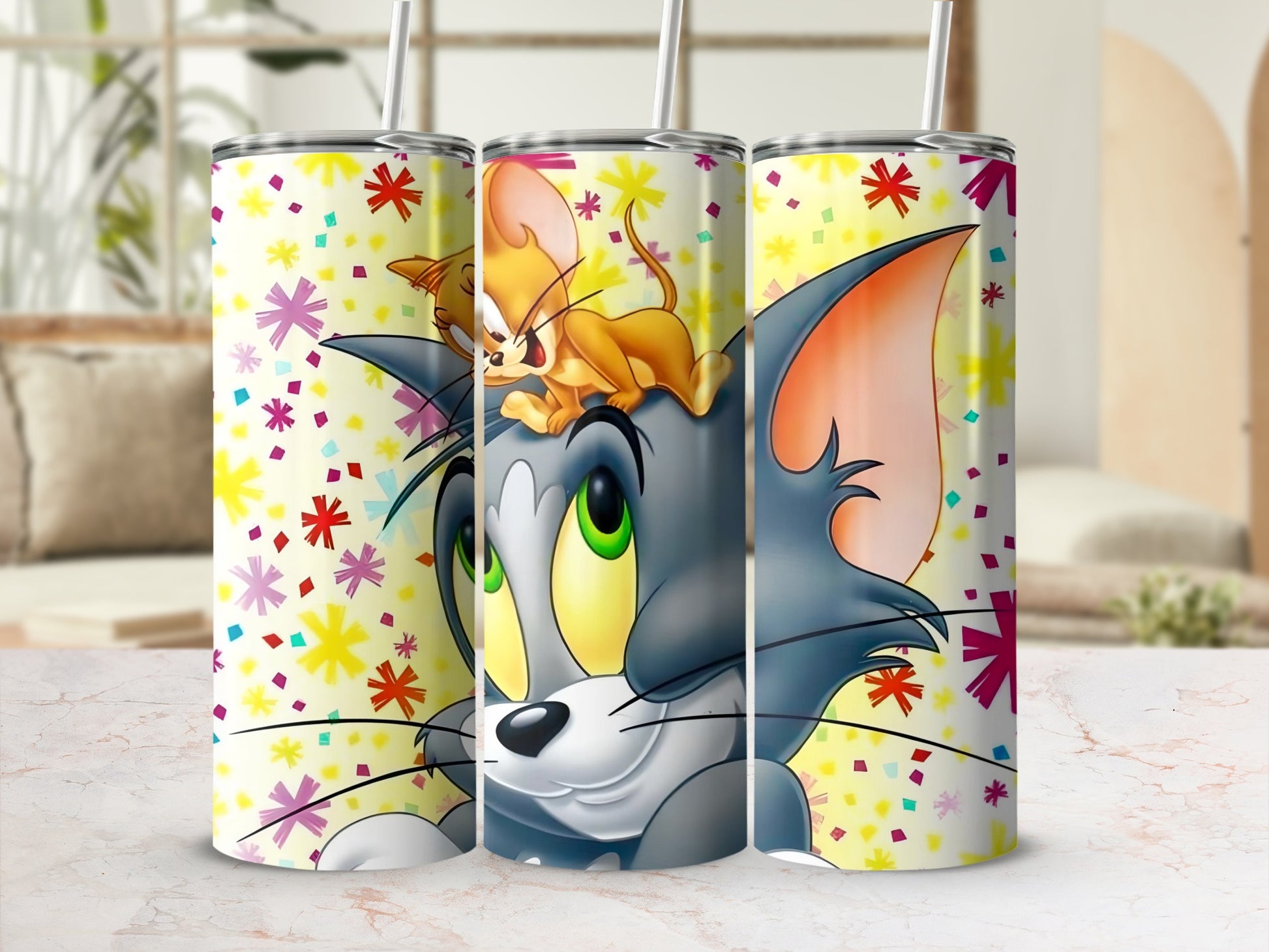 Colorful Cartoon Cat and Mouse Art Tumbler