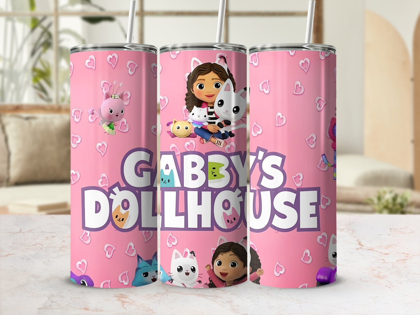 Gabby's Dollhouse Pink Heart Pattern Tumbler