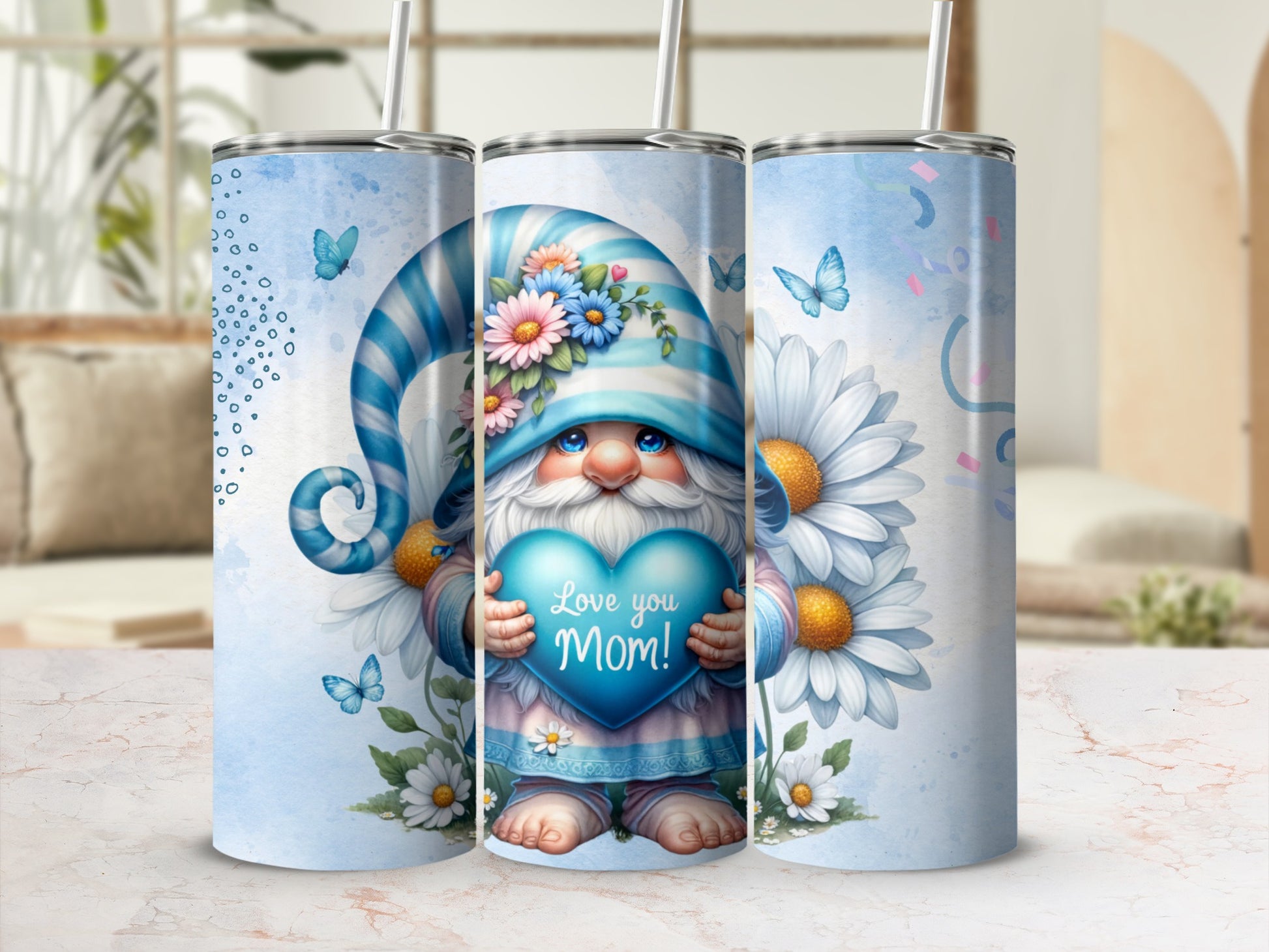 Cute Gnome Love You Mom Tumbler With Flowers Artwork