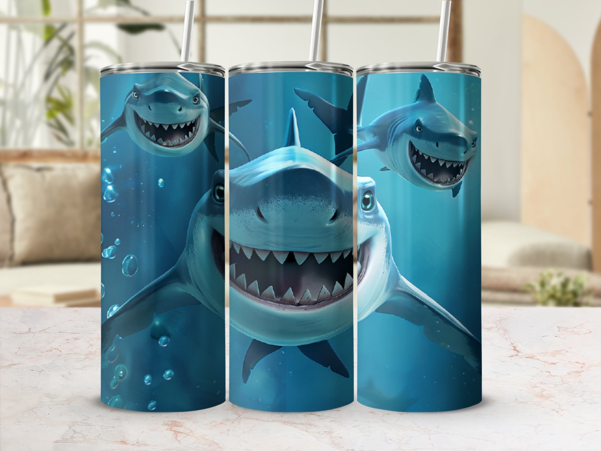 Three cartoon sharks with open mouths and straws swim in blue water.