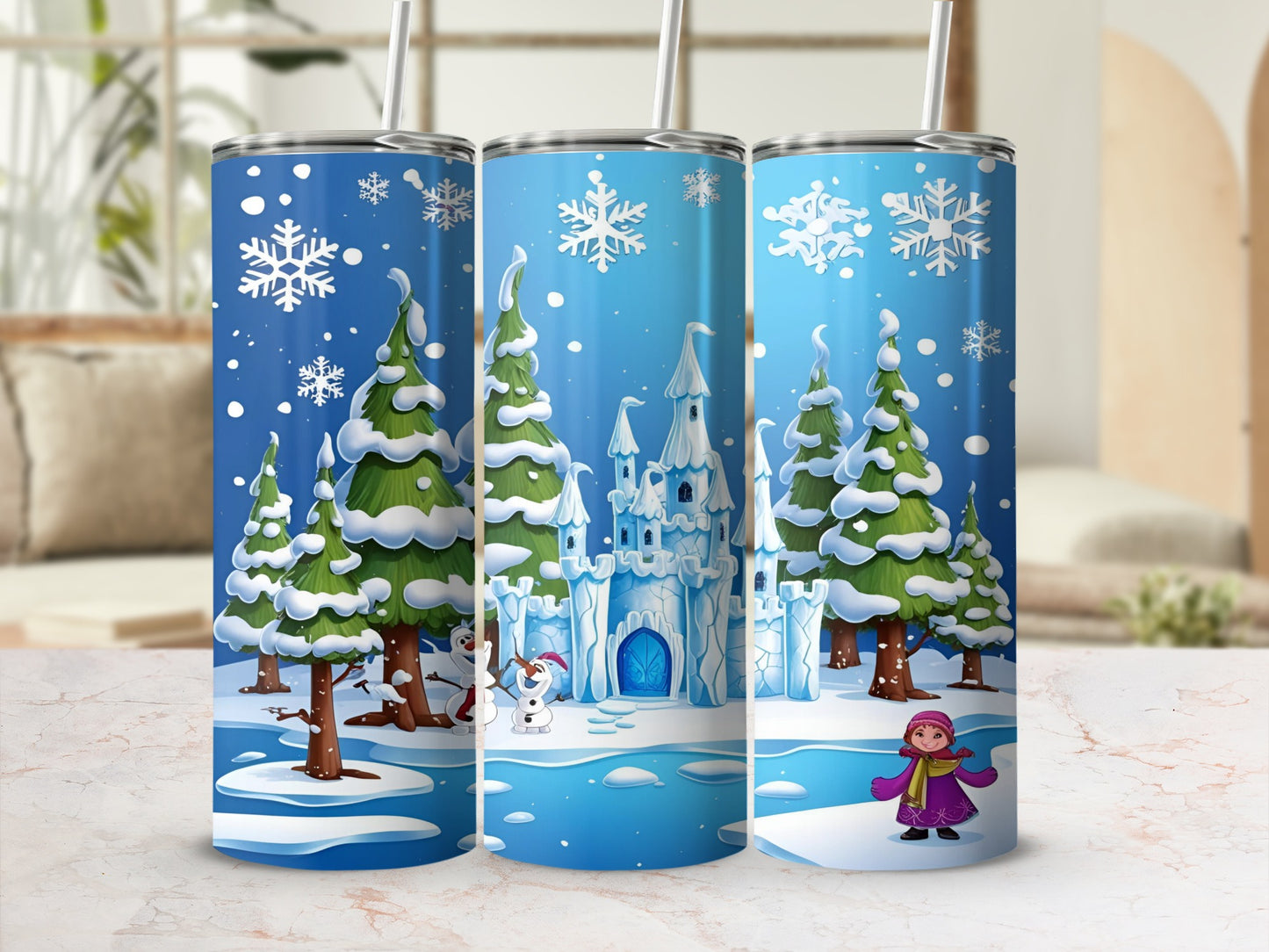 Snowy forest with ice castle and girl.