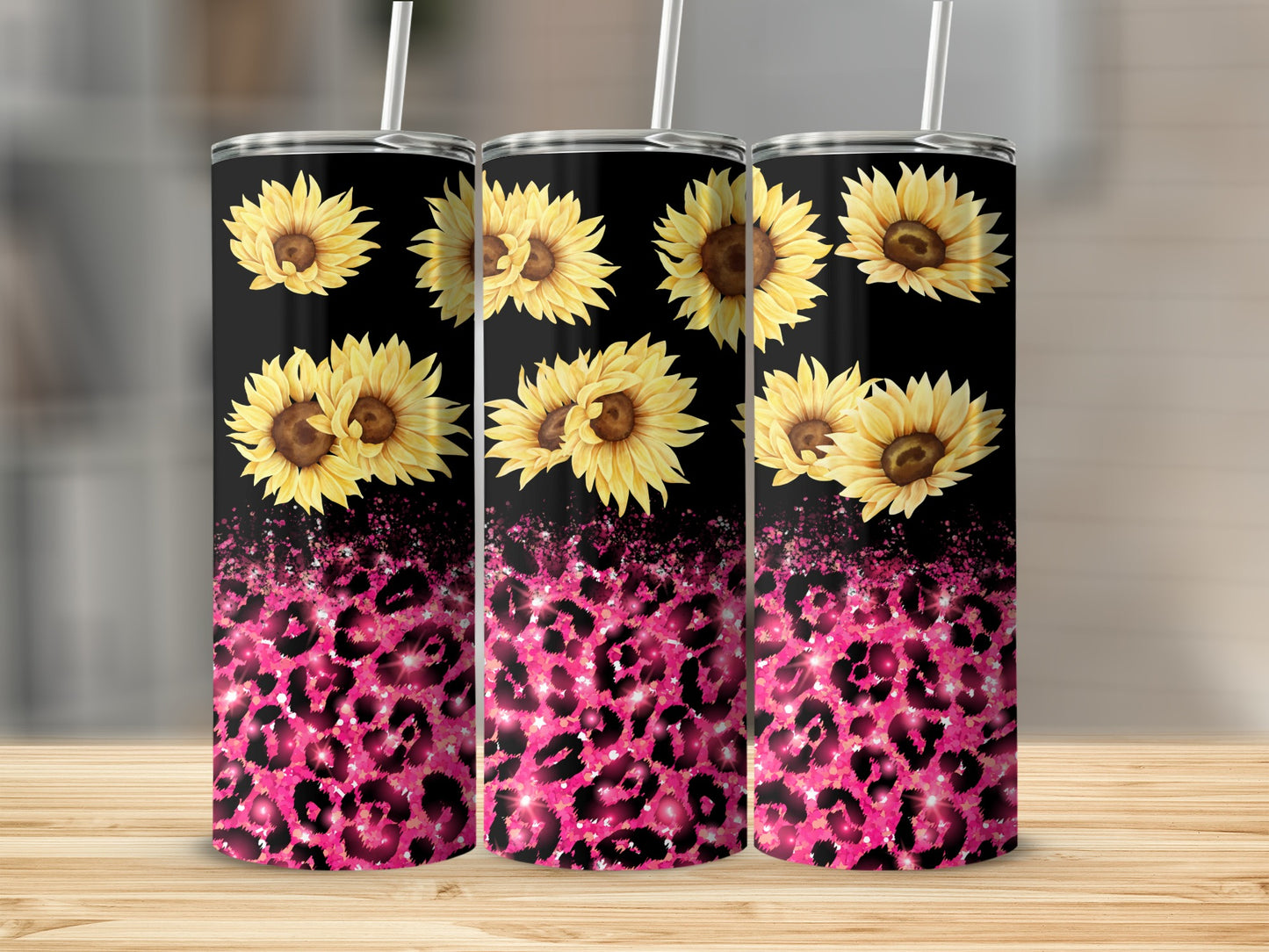 Black tumbler with sunflowers and pink leopard print.