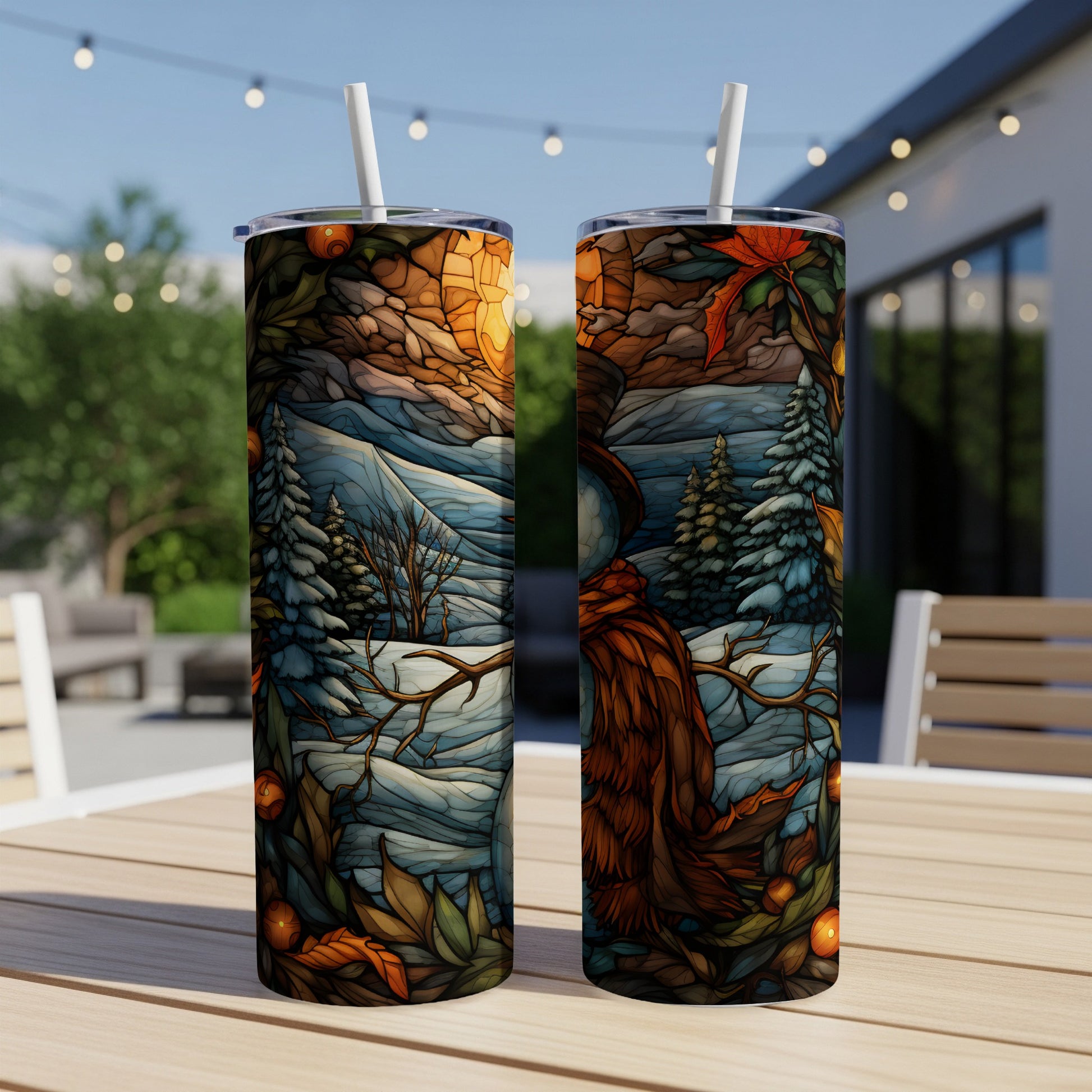 Two tall tumblers with a winter forest scene and a brown figure.
