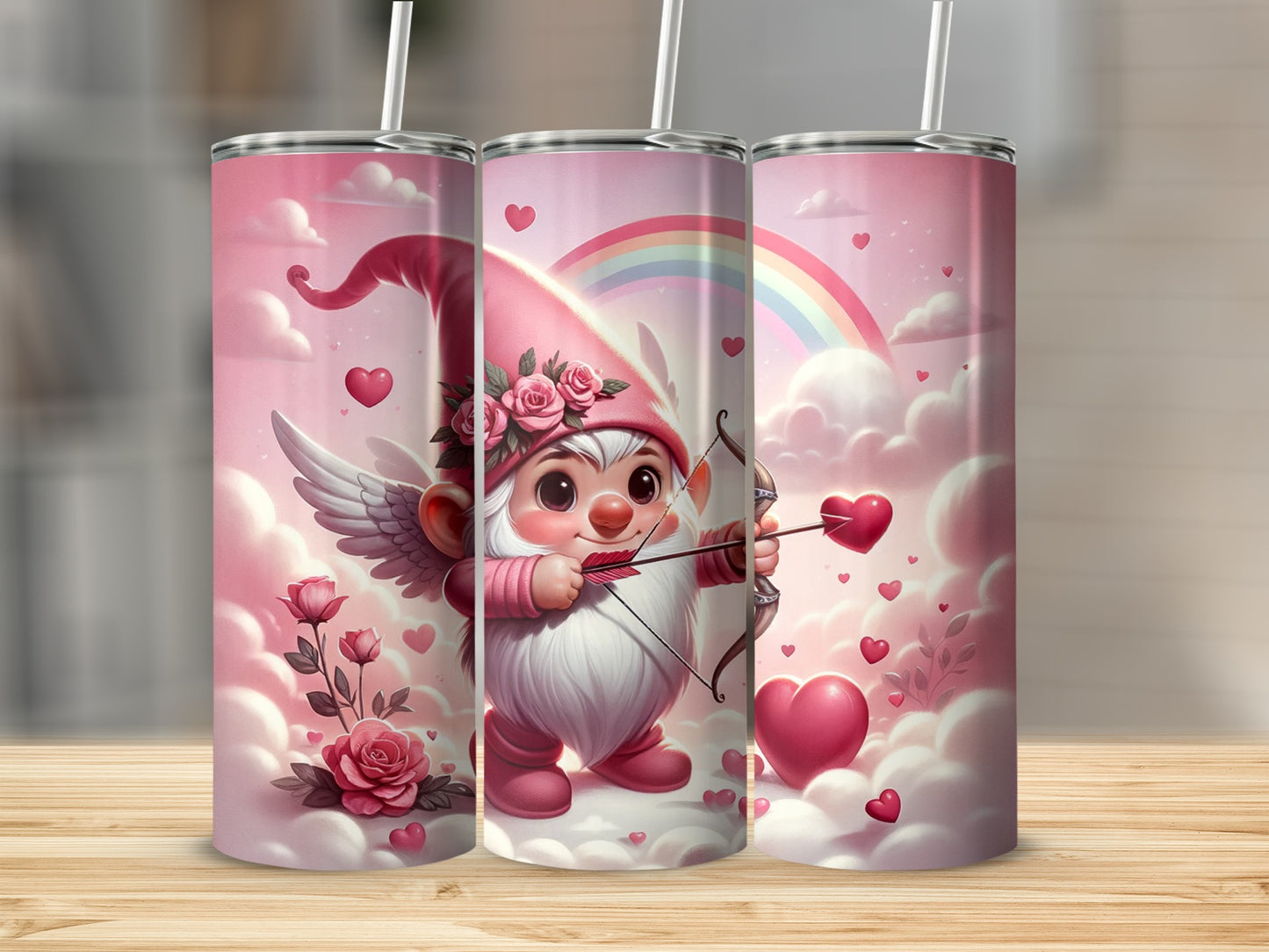 Cute Gnome Cupid with Hearts and Rainbow Tumbler
