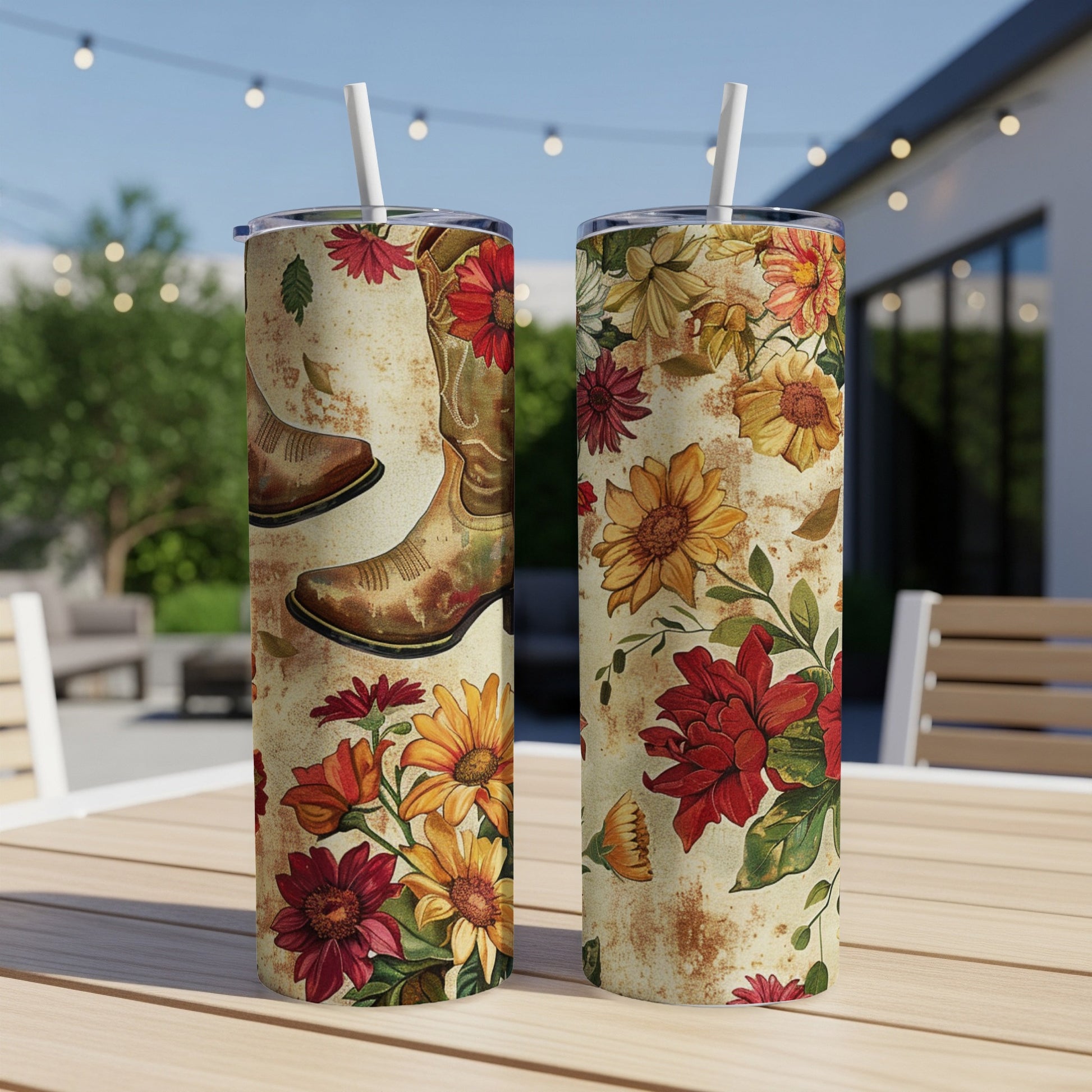 Two cowboy boots on a rustic, floral-patterned tumbler.