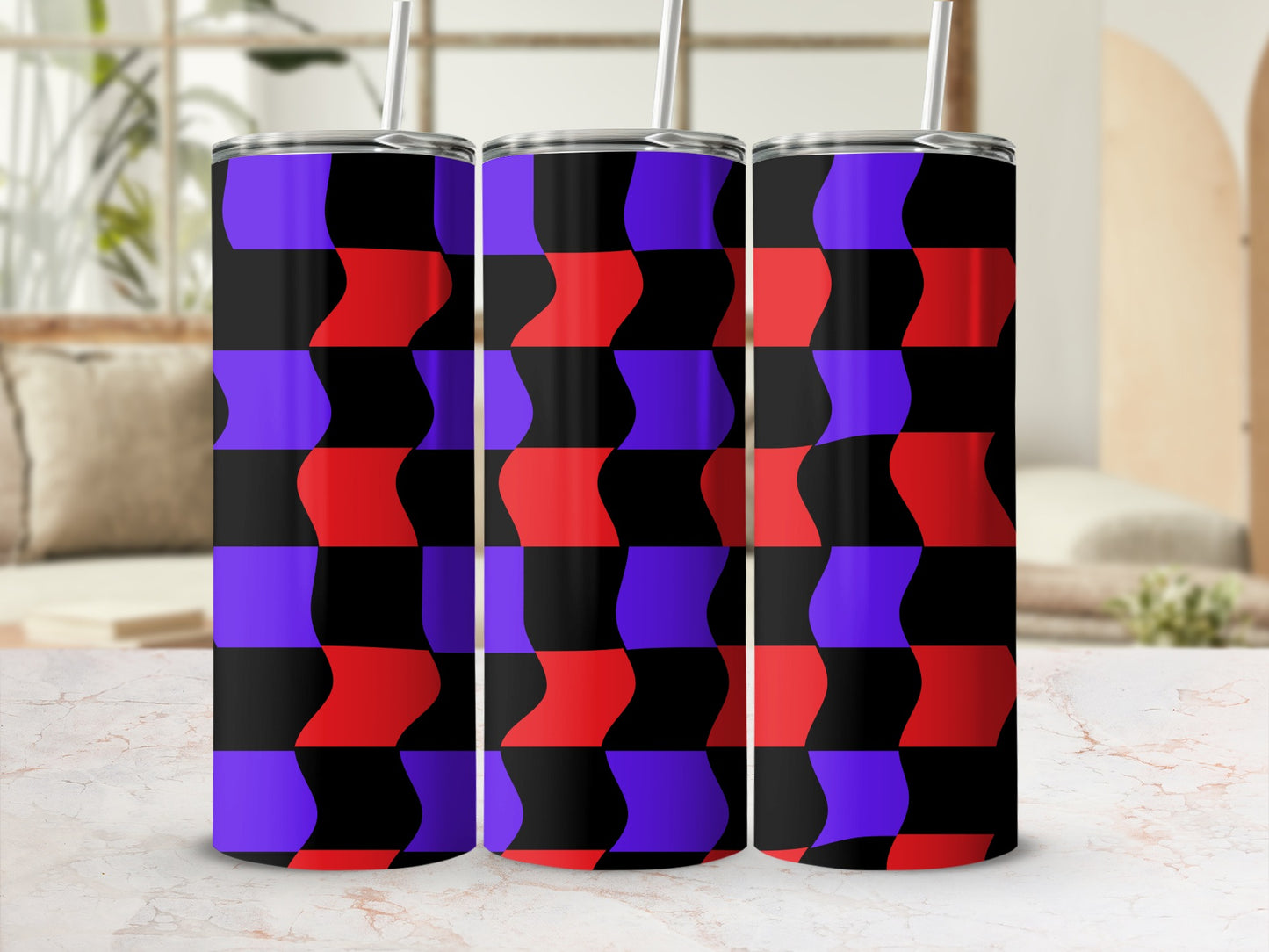 Three tumblers with a repeating purple, red, and black wave pattern.