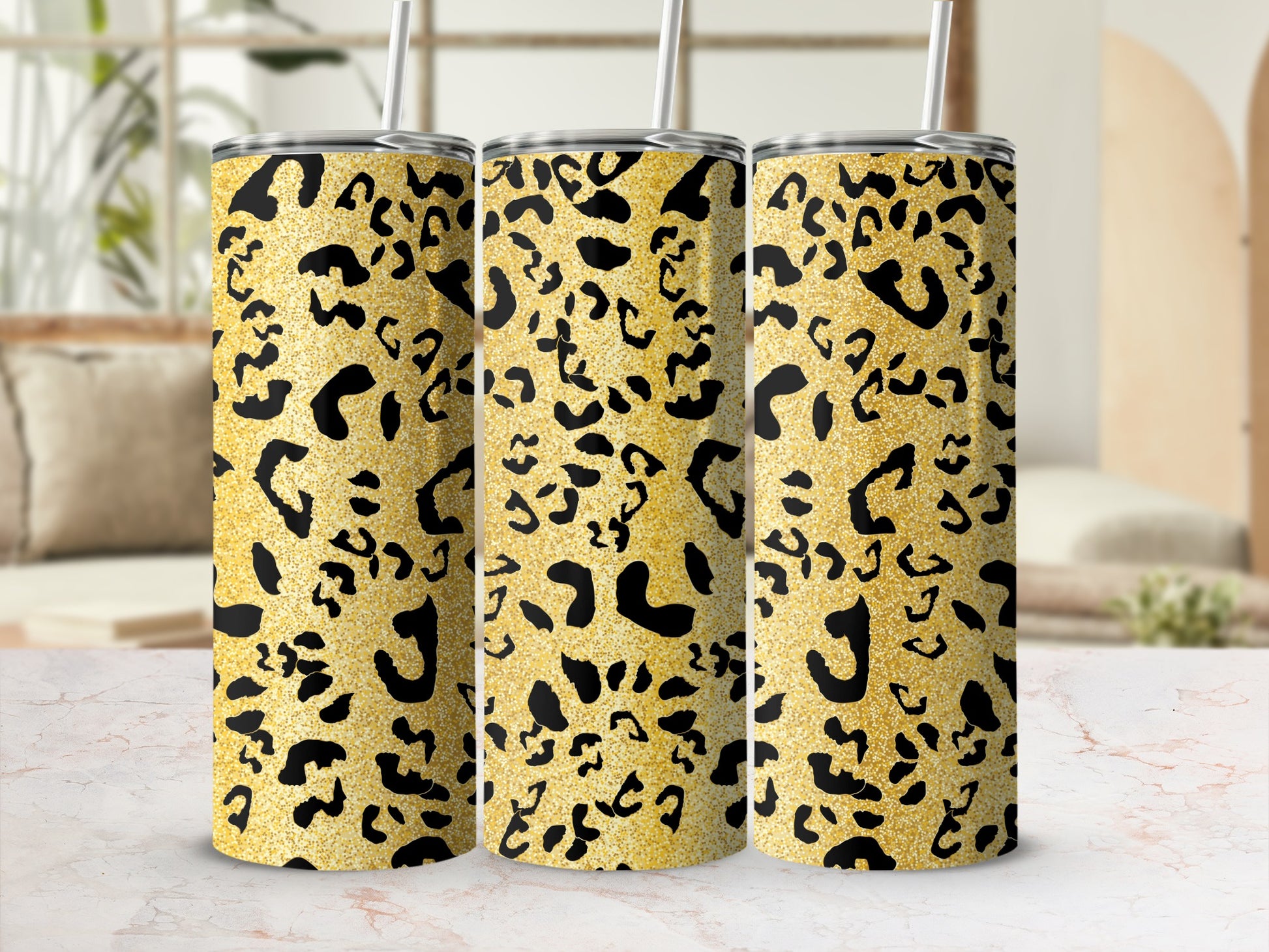 Glitter Leopard Print Stainless Steel Tumbler Cup