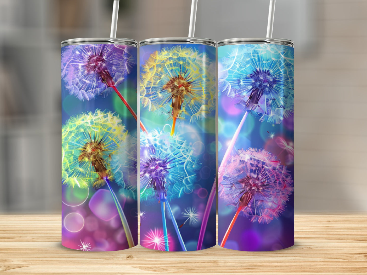 Three tumblers with dandelion designs, featuring bokeh lights and a wooden surface.
