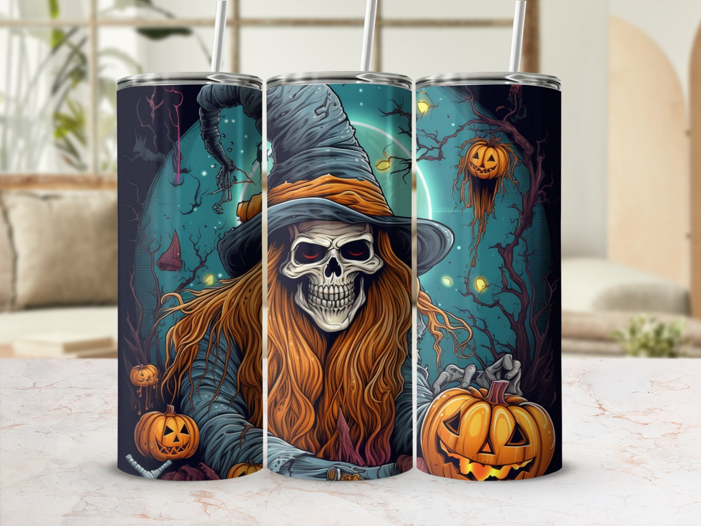 Spooky Halloween Skeleton Witch with Pumpkins tumbler