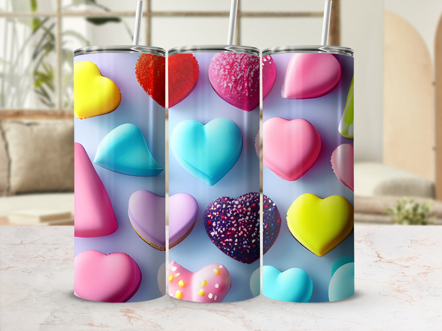 Assortment of heart-shaped candies and ice cream cones on a marbled surface.