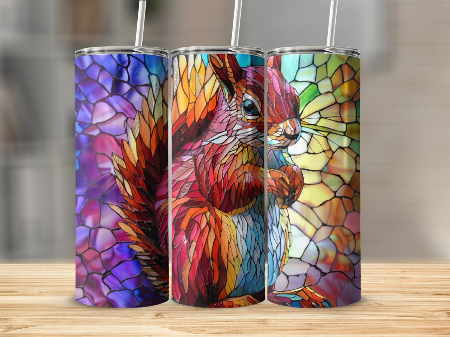Three stained glass tumblers featuring a colorful squirrel design.