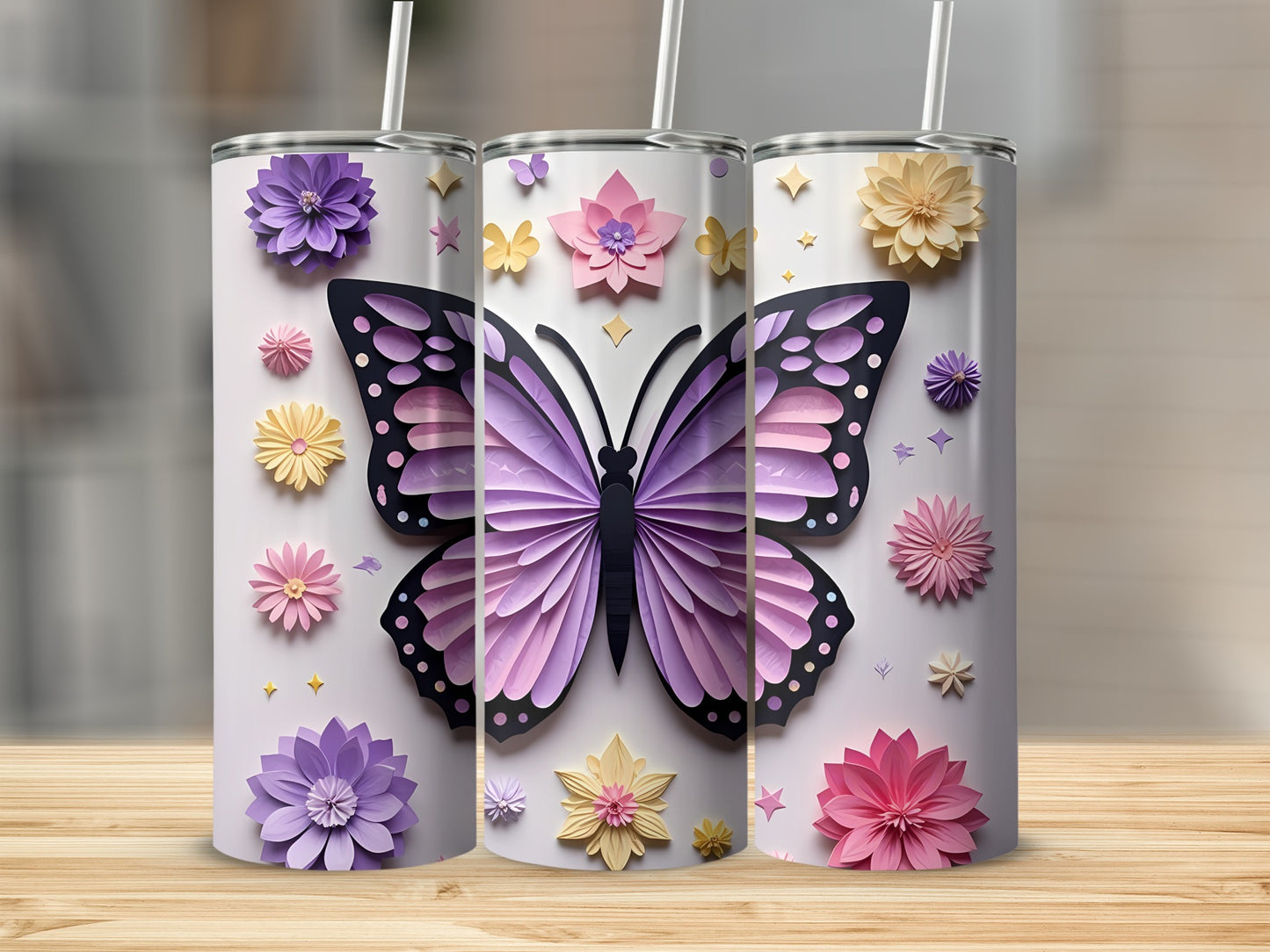Three white tumblers with large purple butterfly and floral designs.