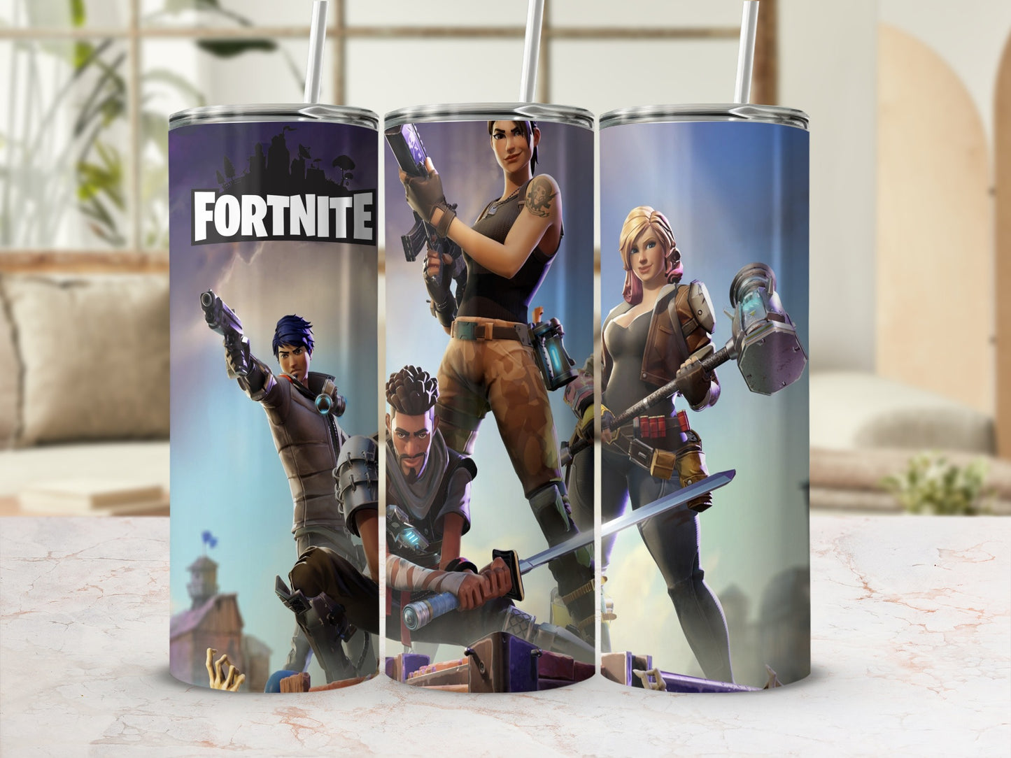 Fortnite themed stainless steel tumbler with straw