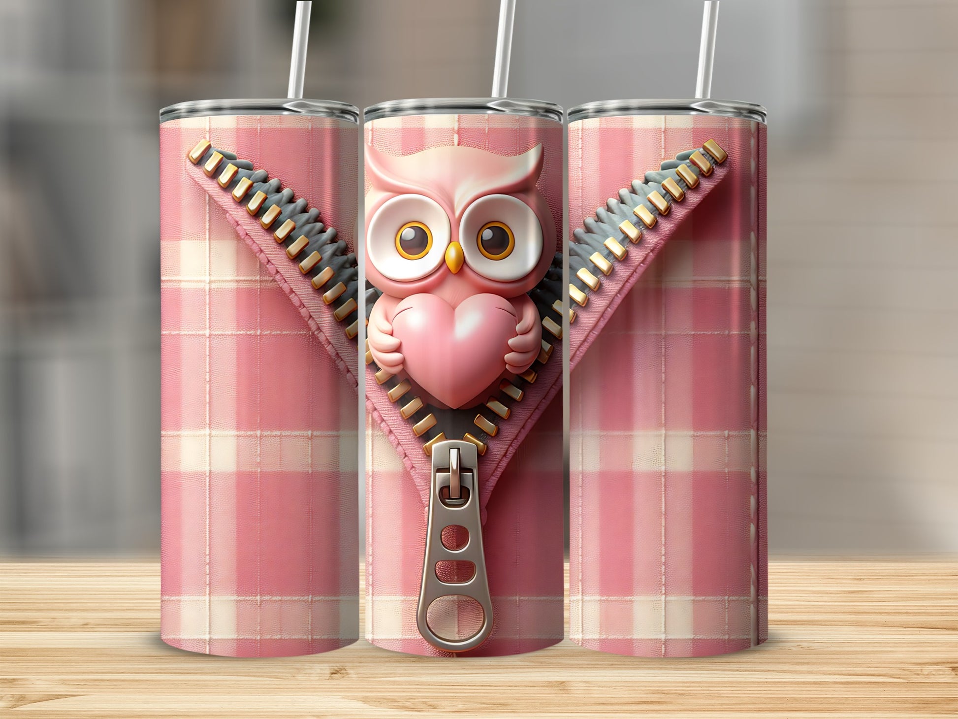 Pink plaid tumbler with zipper and owl holding a heart.