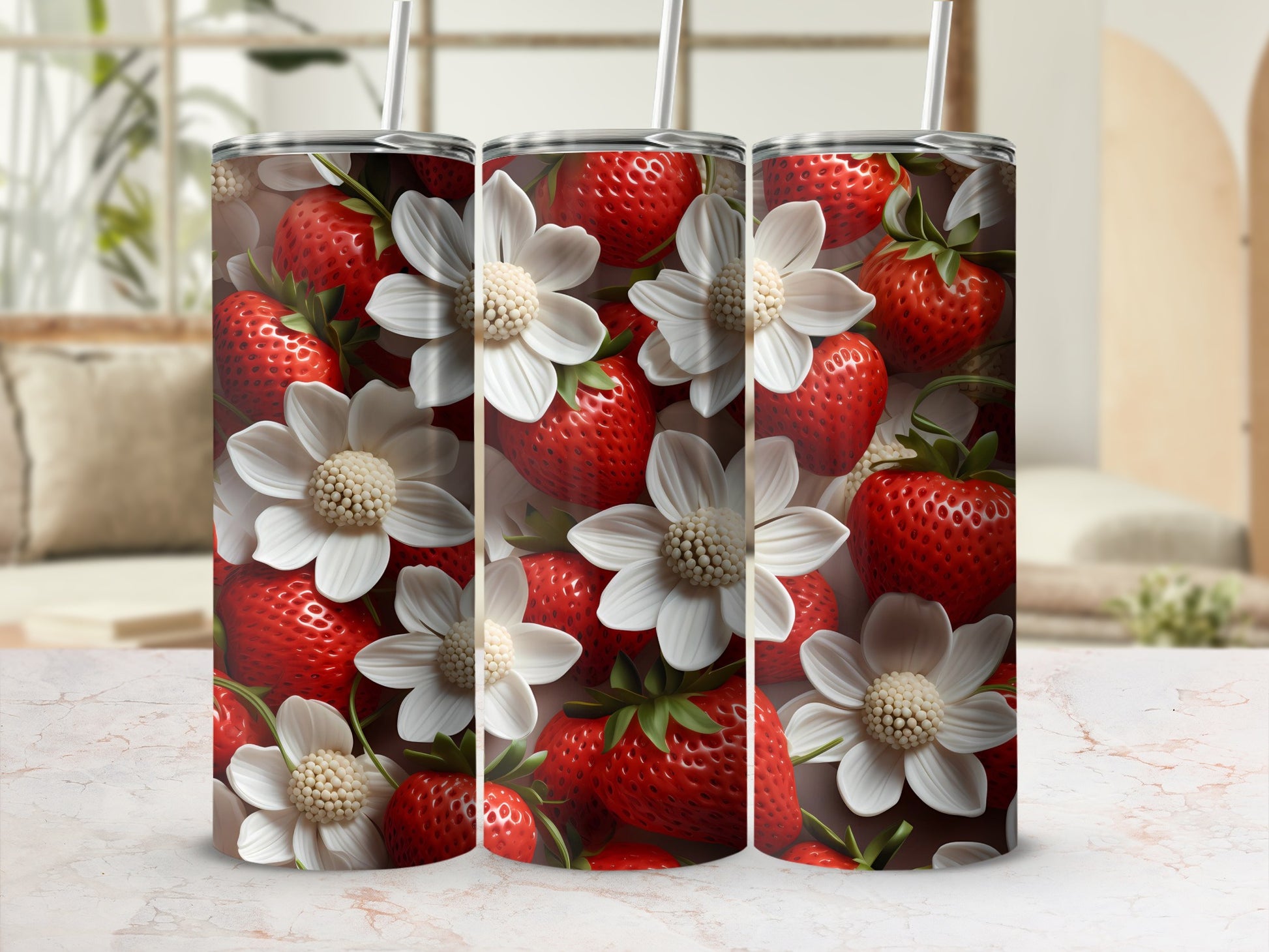 Strawberries and White Flowers Tumbler for Everyday Use