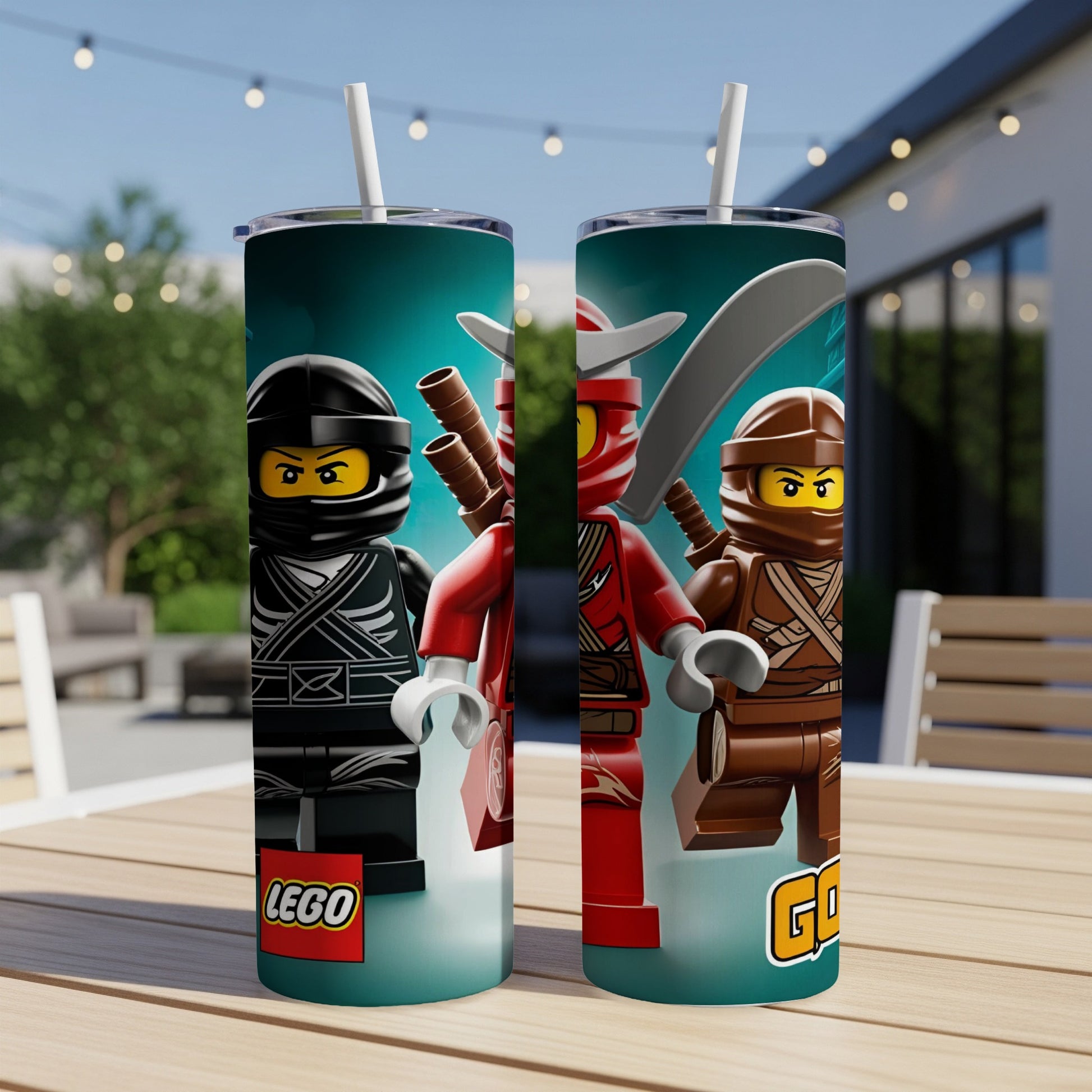 Two Lego Ninjago tumblers with characters Kai and Cole.