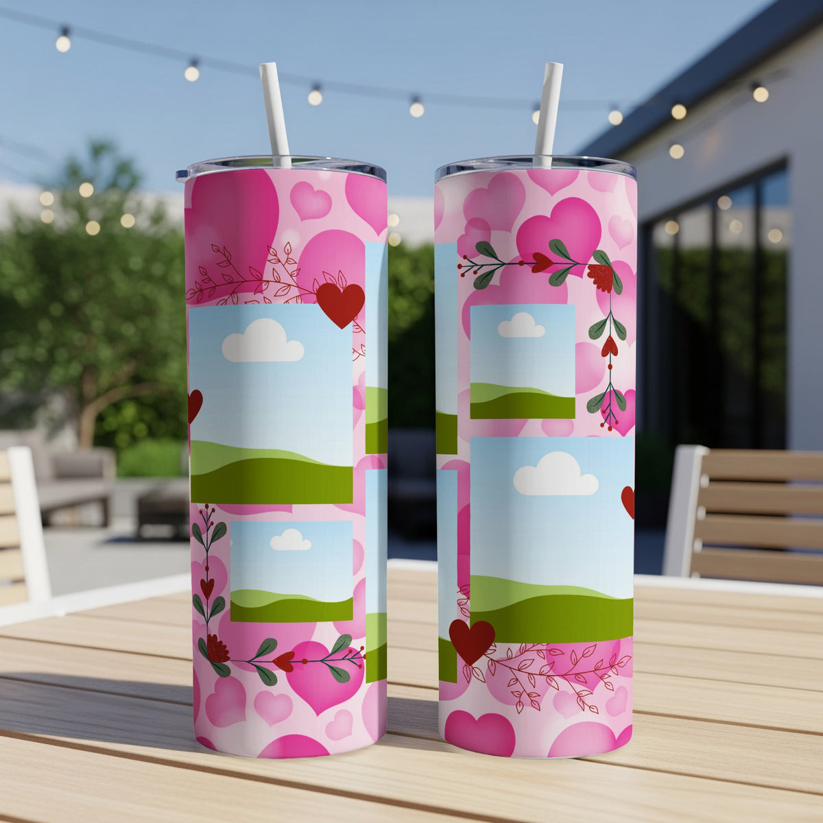 Pink heart tumbler with placeholder photo frames and floral accents.