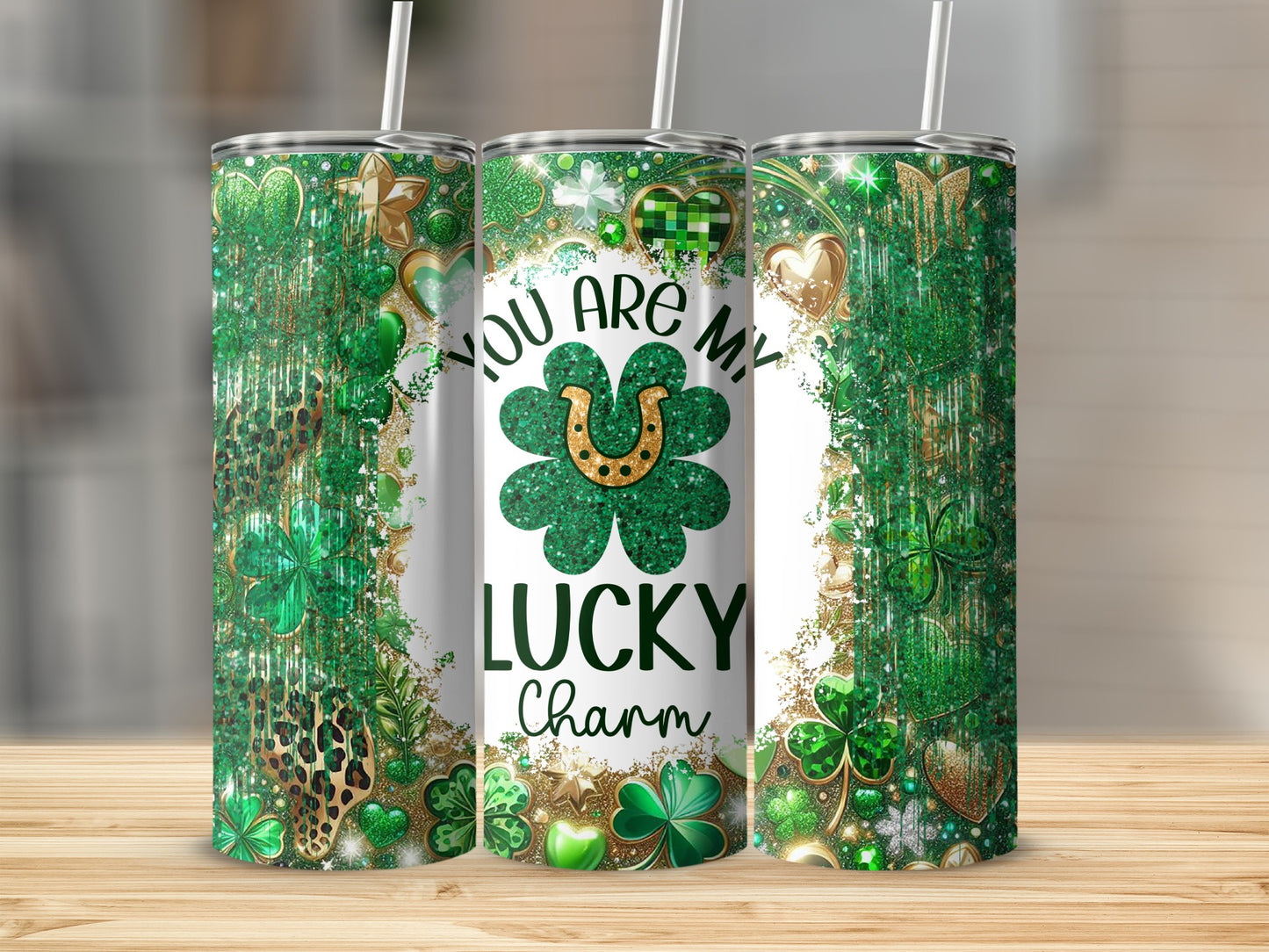 Green and gold St. Patrick's Day tumbler with shamrocks and "You are my lucky charm".