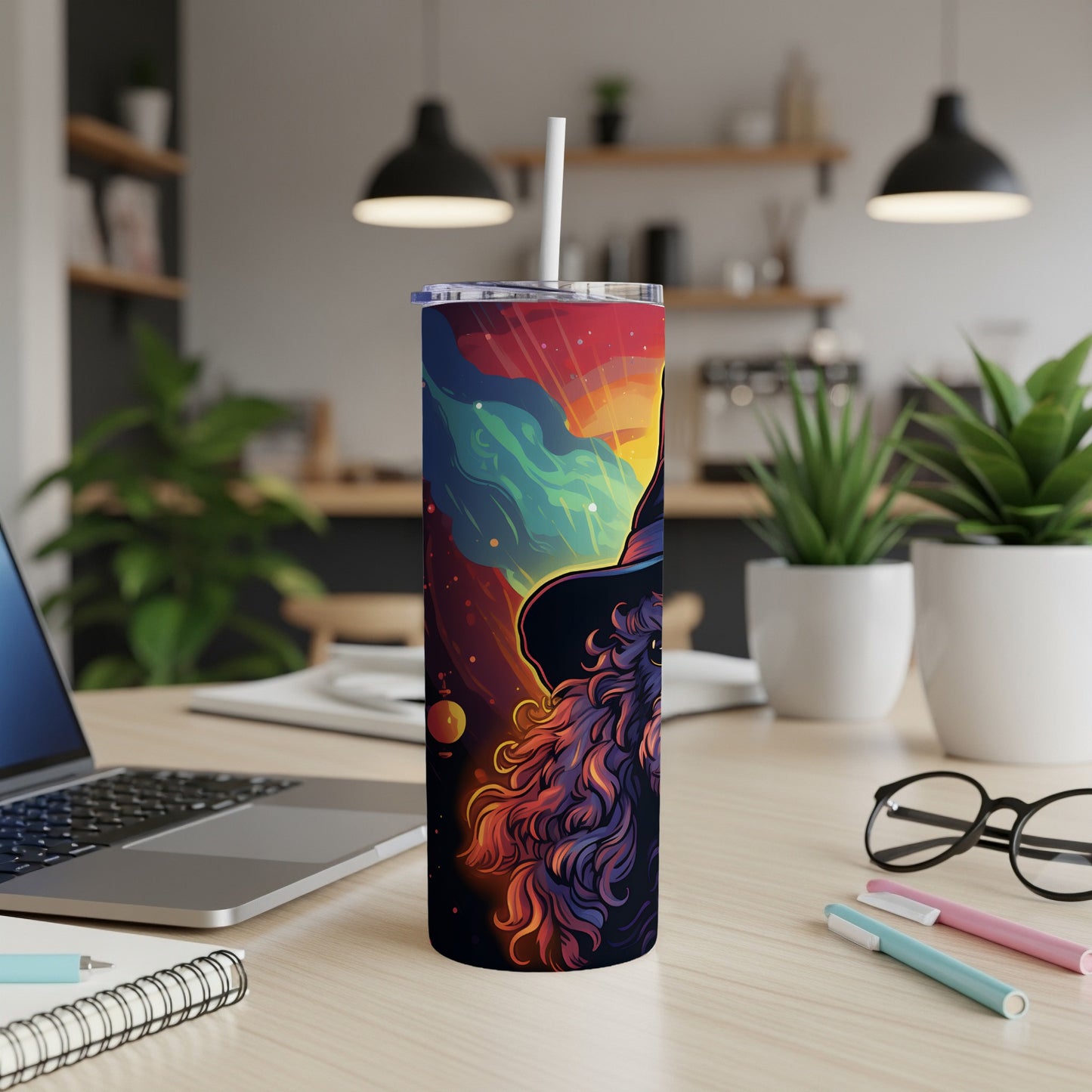 Tall tumbler with a vibrant, colorful wizard design featuring a pointed hat and flowing hair.