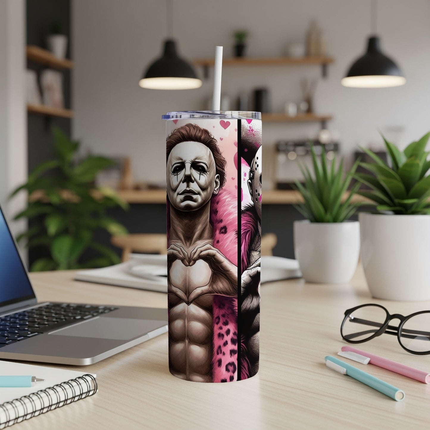 Michael Myers and Jason Voorhees tumbler with pink leopard print background.