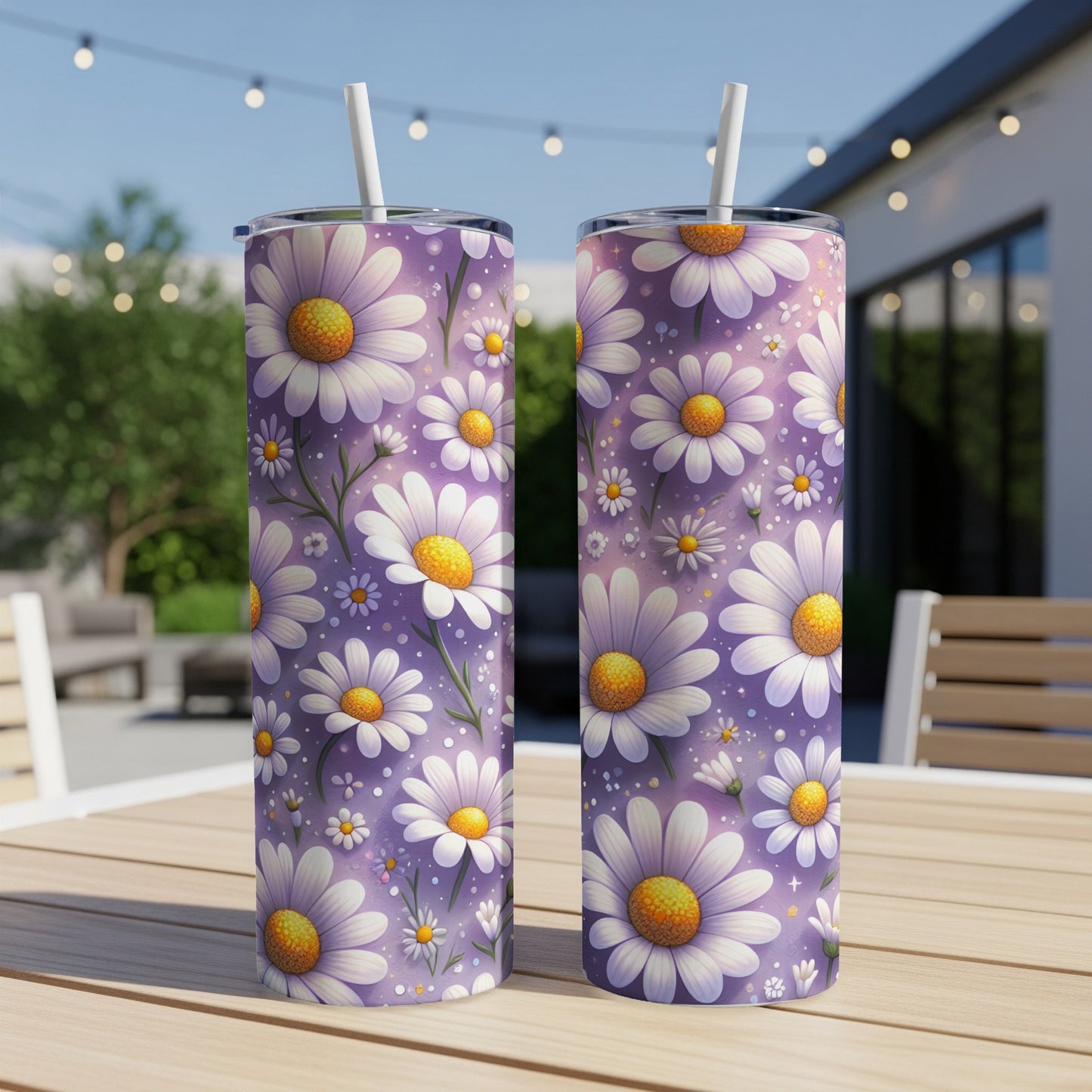 Two tall tumblers with a purple floral daisy pattern sit on a table.
