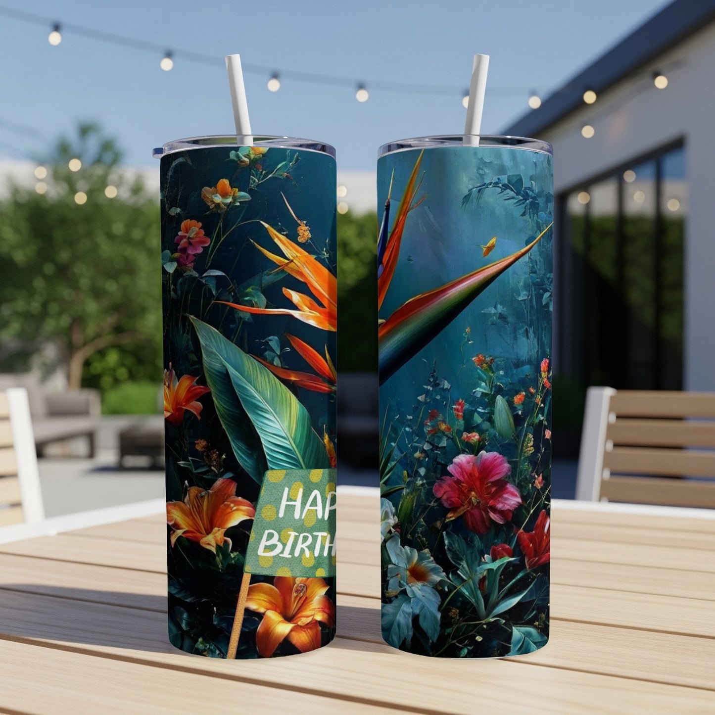Two tall tumblers with a vibrant tropical floral design and "Happy Birthday" sign.