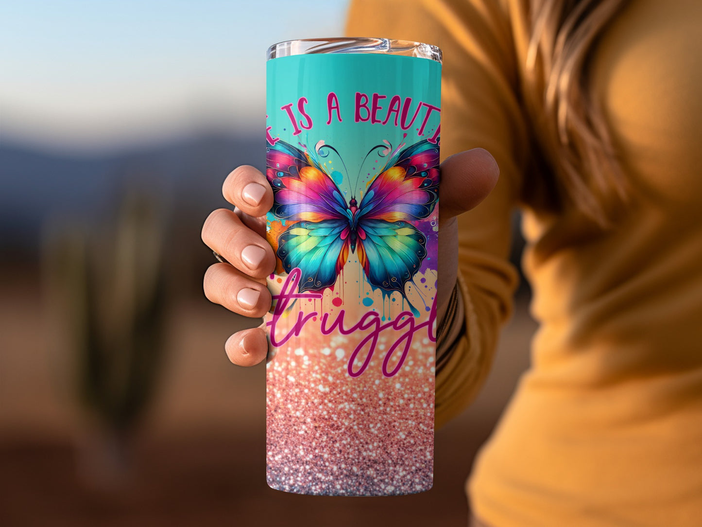 Colorful Butterfly and Glitter Quote Tumbler