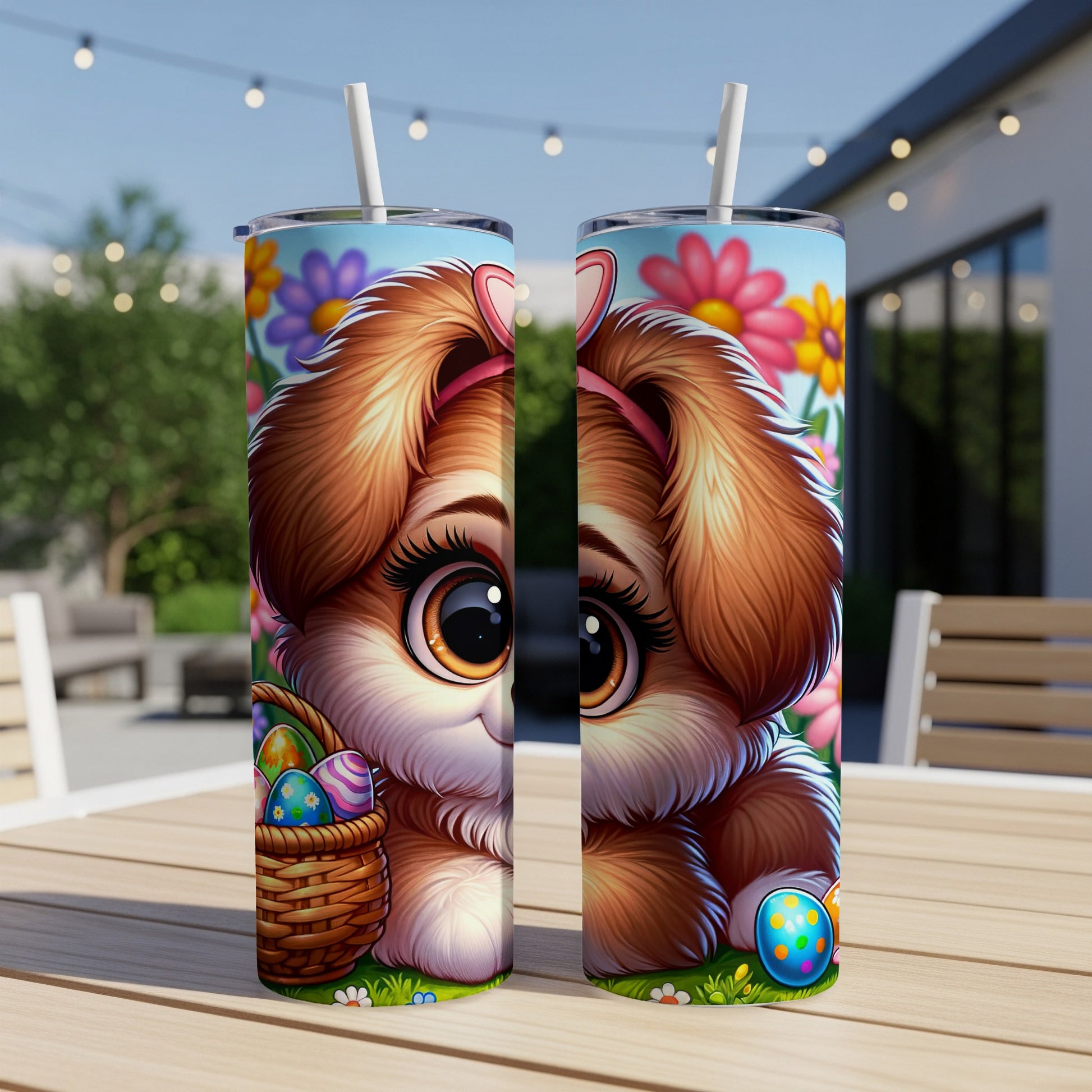 Easter puppy with basket of eggs on a tumbler.