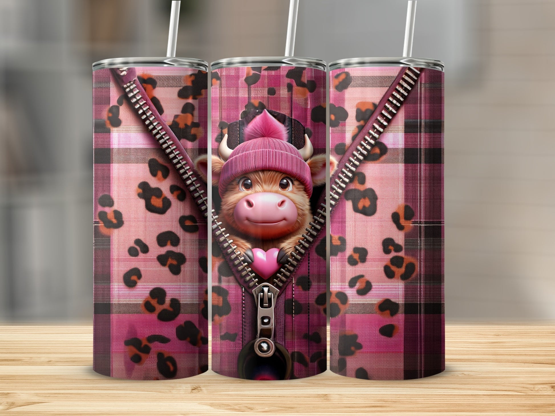Pink plaid tumbler with leopard print trim featuring a smiling cow in a pink hat.