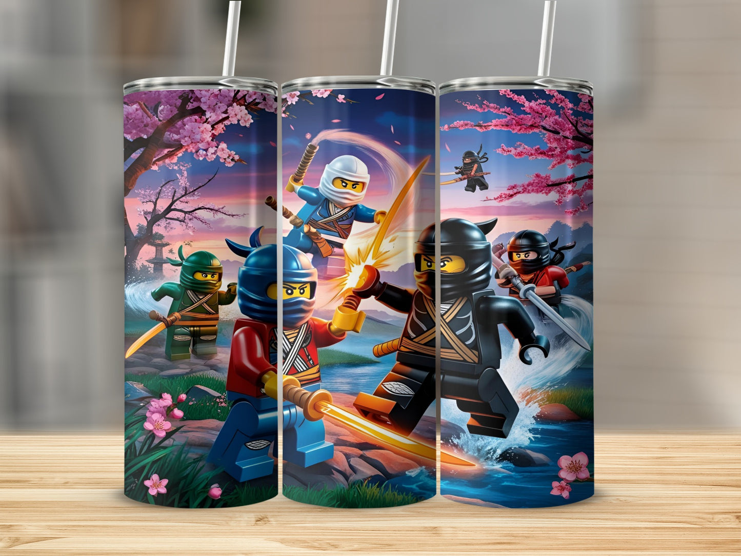 LEGO Ninjago characters fighting with swords in a cherry blossom forest.