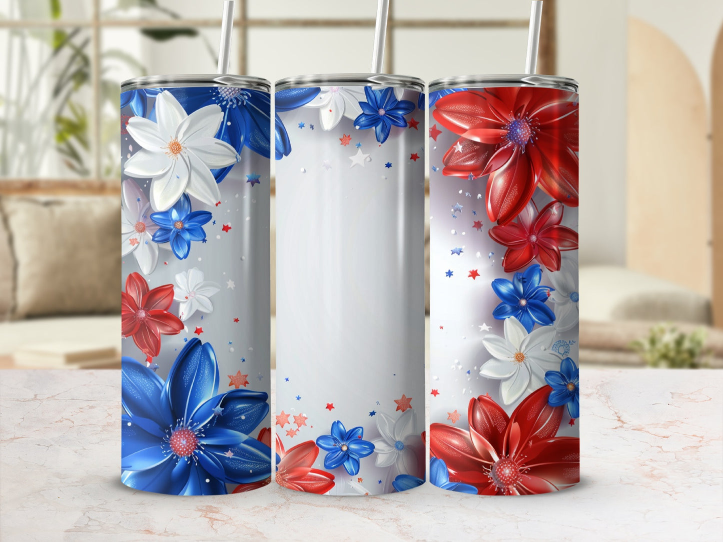 Three patriotic tumblers with red, white, and blue floral designs.