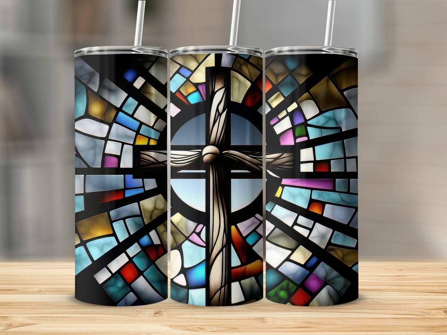 Cross design with stained glass pattern on a tumbler.