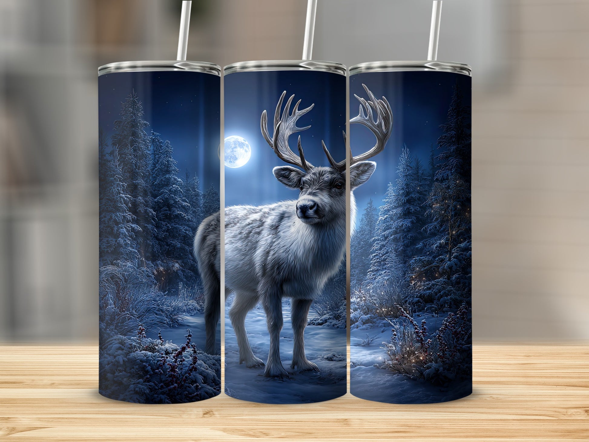 Midnight Winter Deer Scene Stainless Steel Tumbler