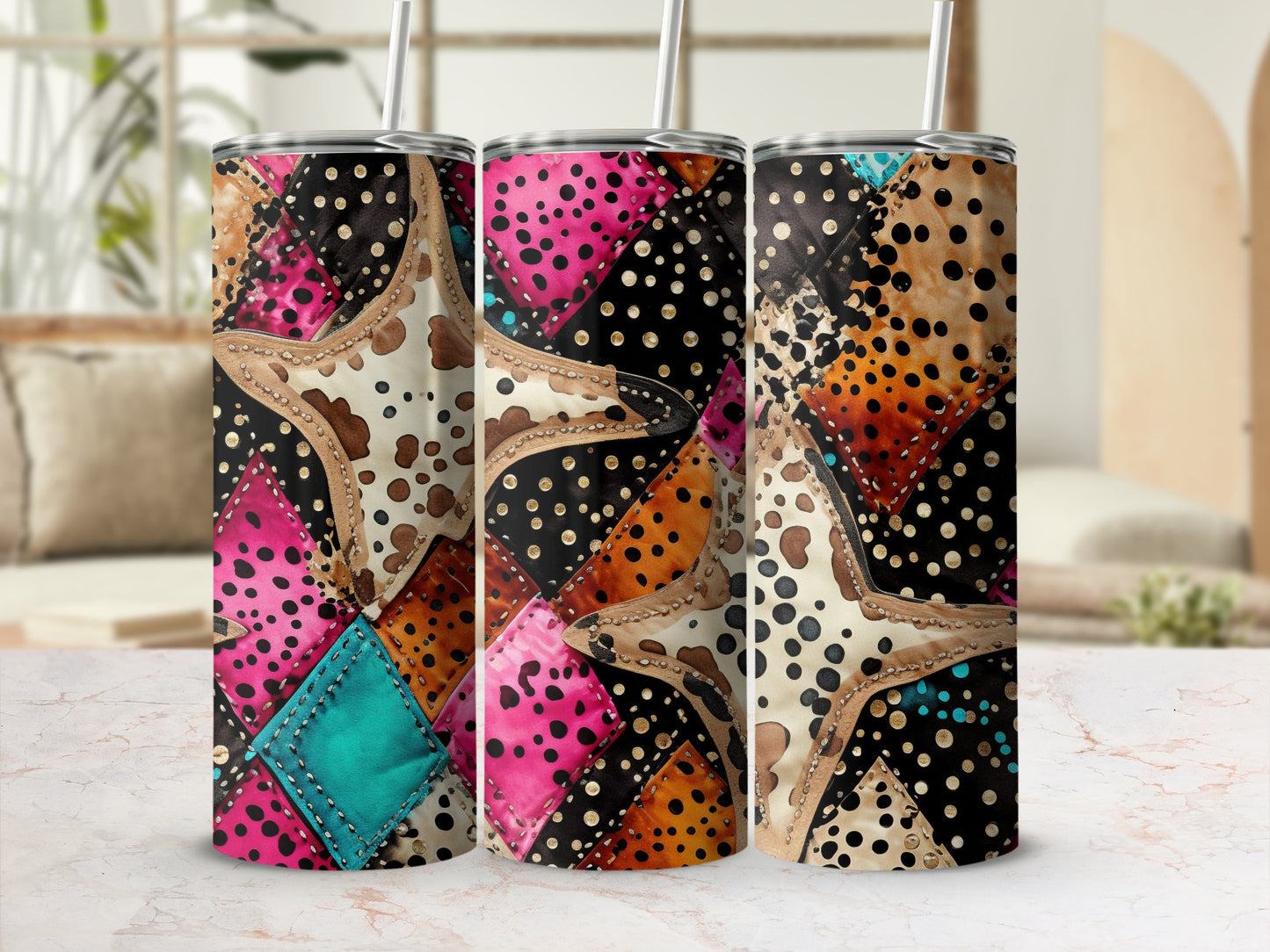 Patchwork tumbler with stars, polka dots, and animal prints.