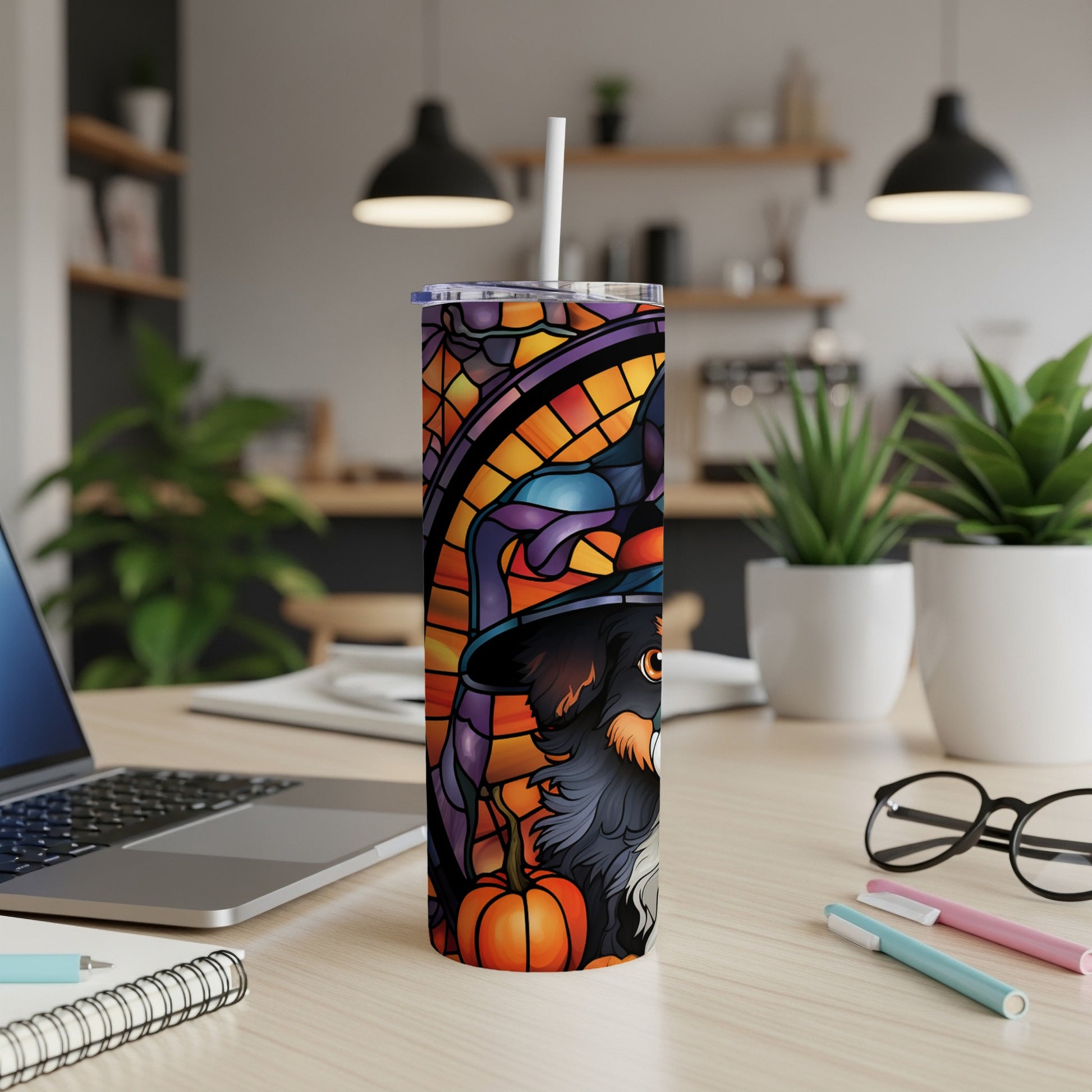 Halloween-themed tumbler with dog, pumpkin, and witch hat design.