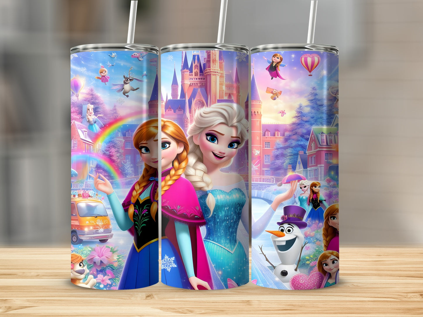 Frozen characters Elsa, Anna, and Olaf on a pink and blue tumbler.