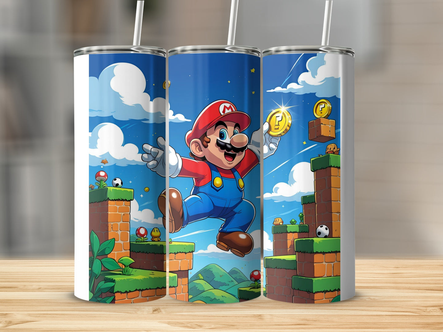 Mario jumping with a coin in a video game landscape.