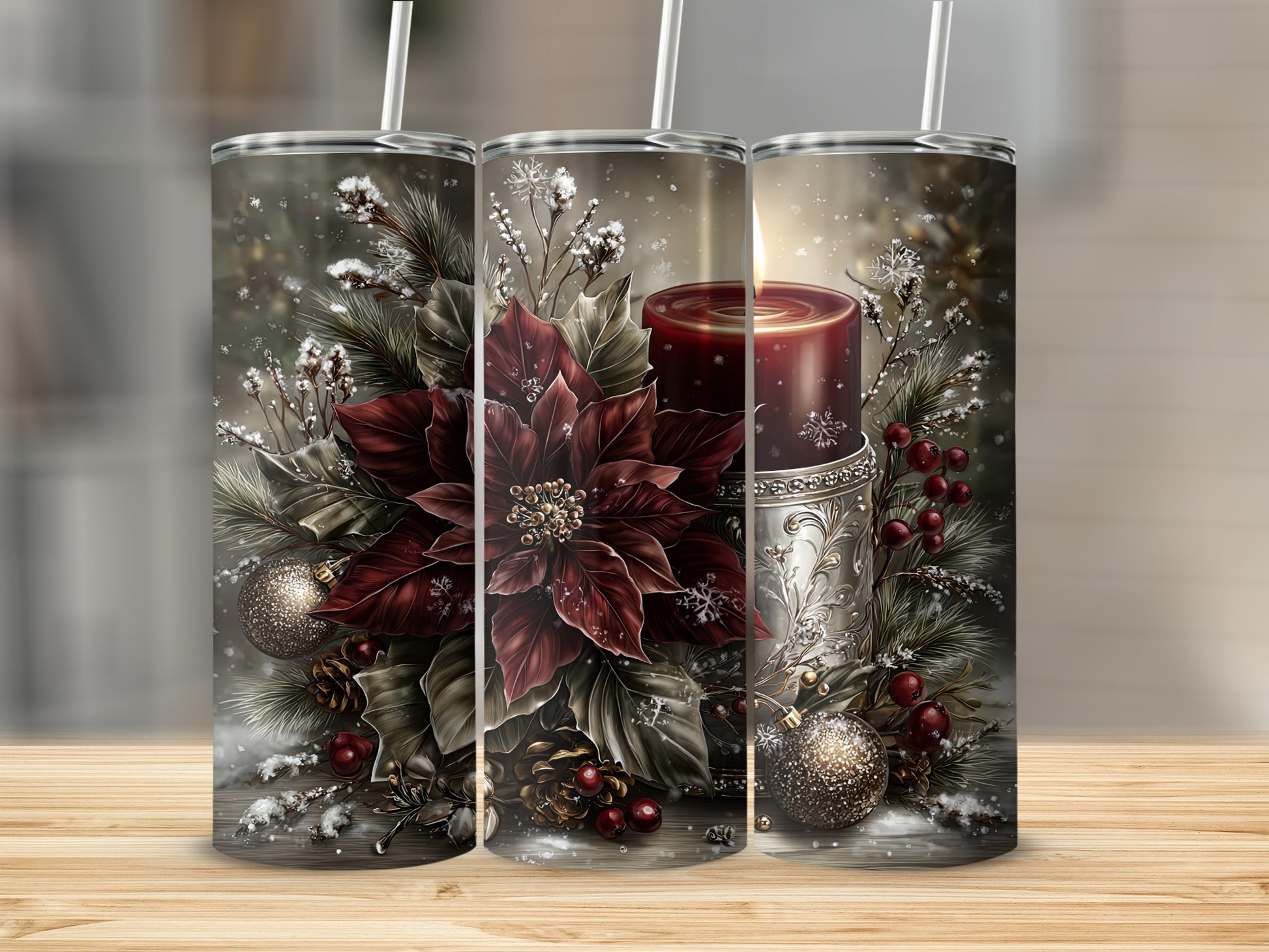 Festive Holiday Tumbler with Candle and Poinsettia Design