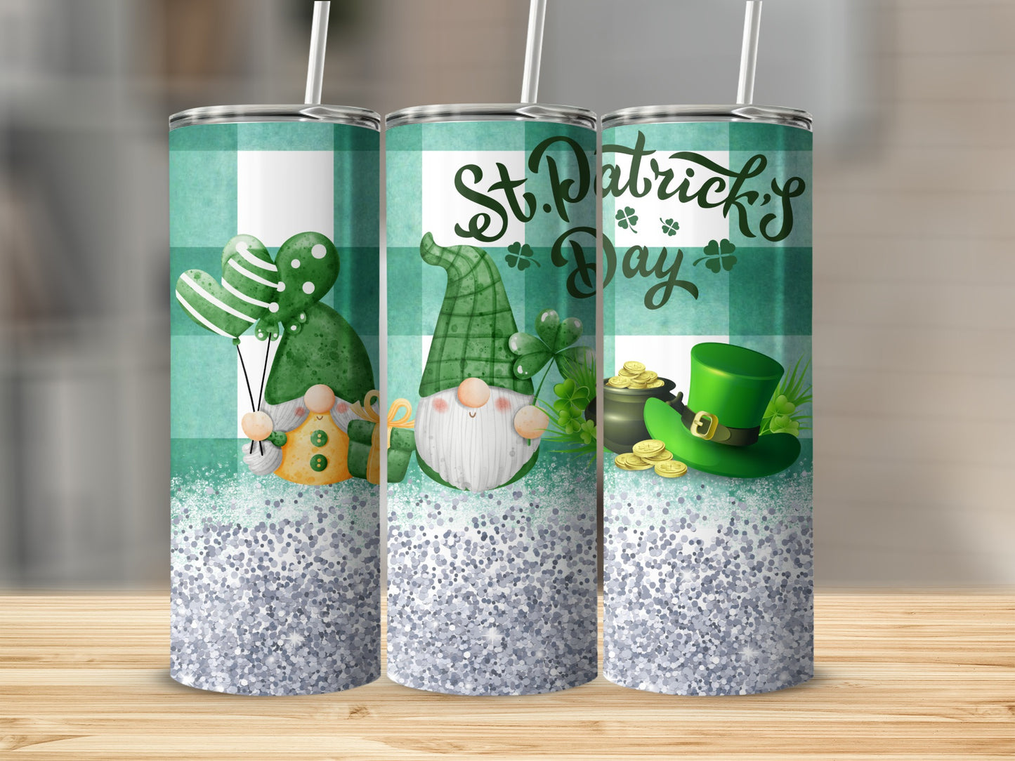 St. Patrick's Day gnome with balloons and a leprechaun hat on a glitter tumbler.