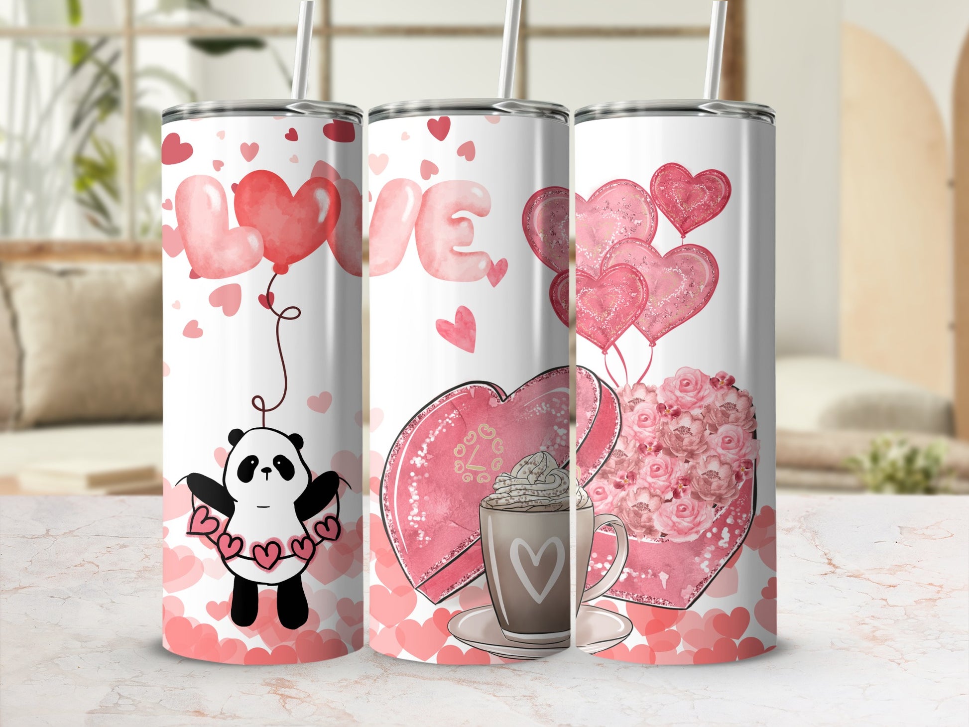 Cute Valentine Hearts and Panda Design Tumbler