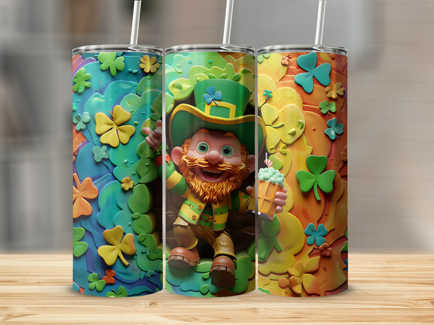 Leprechaun and shamrocks on St. Patrick's Day tumblers with straws.