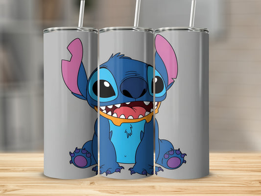 Blue cartoon character Stitch smiling with mouth open on a tumbler.