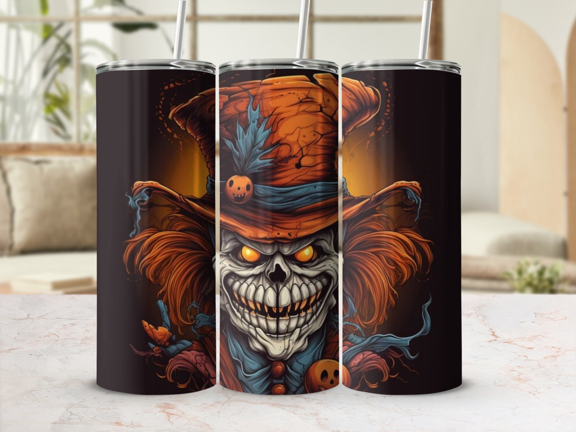 Creepy Halloween Clown With Hat Tumbler Flask Design