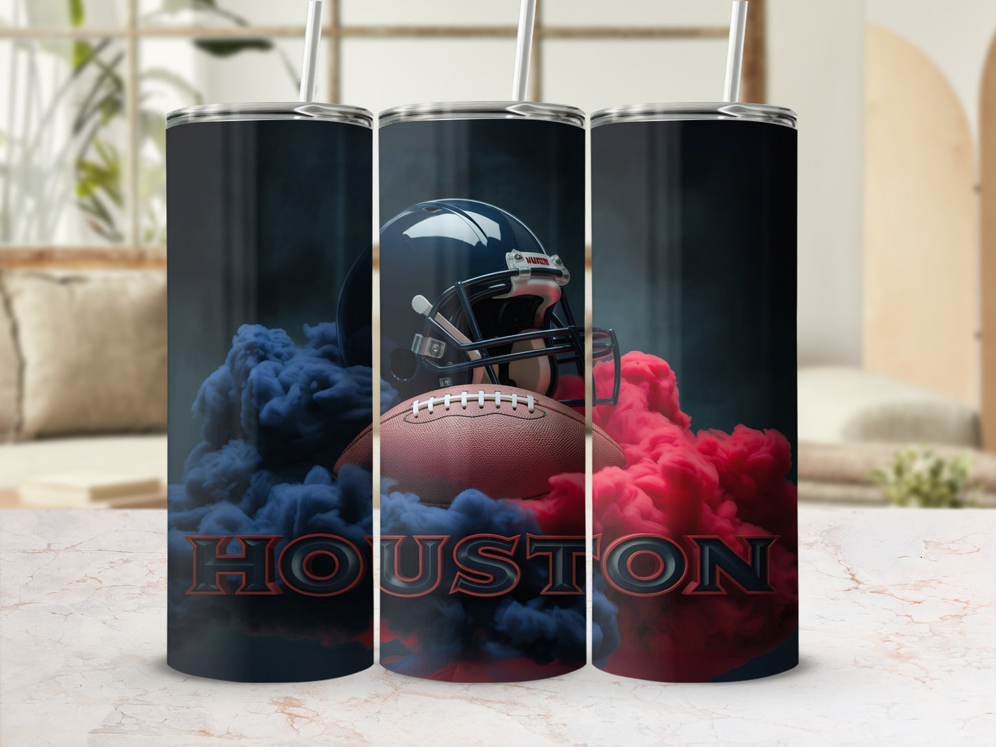 Houston Texans football helmet and ball surrounded by red and blue smoke.