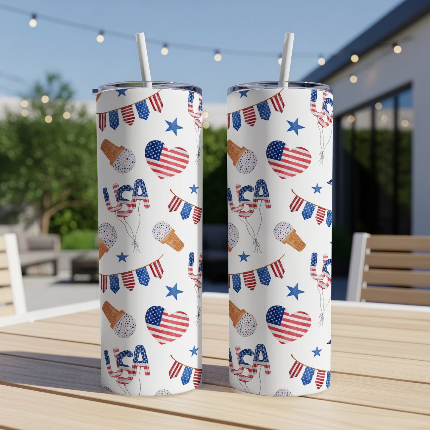 Two patriotic USA tumblers with flag, stars, and ice cream cone pattern.