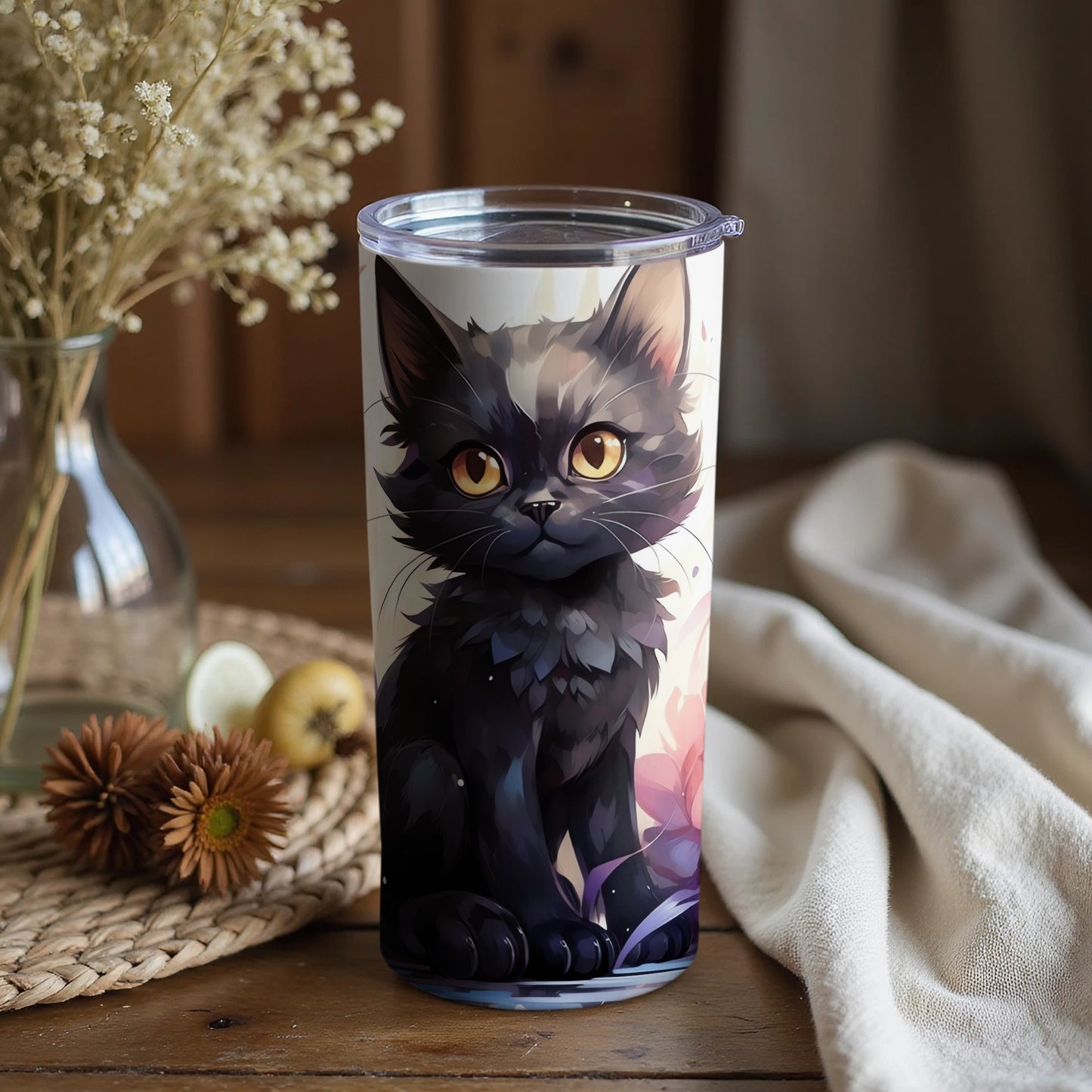 Adorable Black Cat Big Yellow Eyes Kawaii Feline Tumbler product type