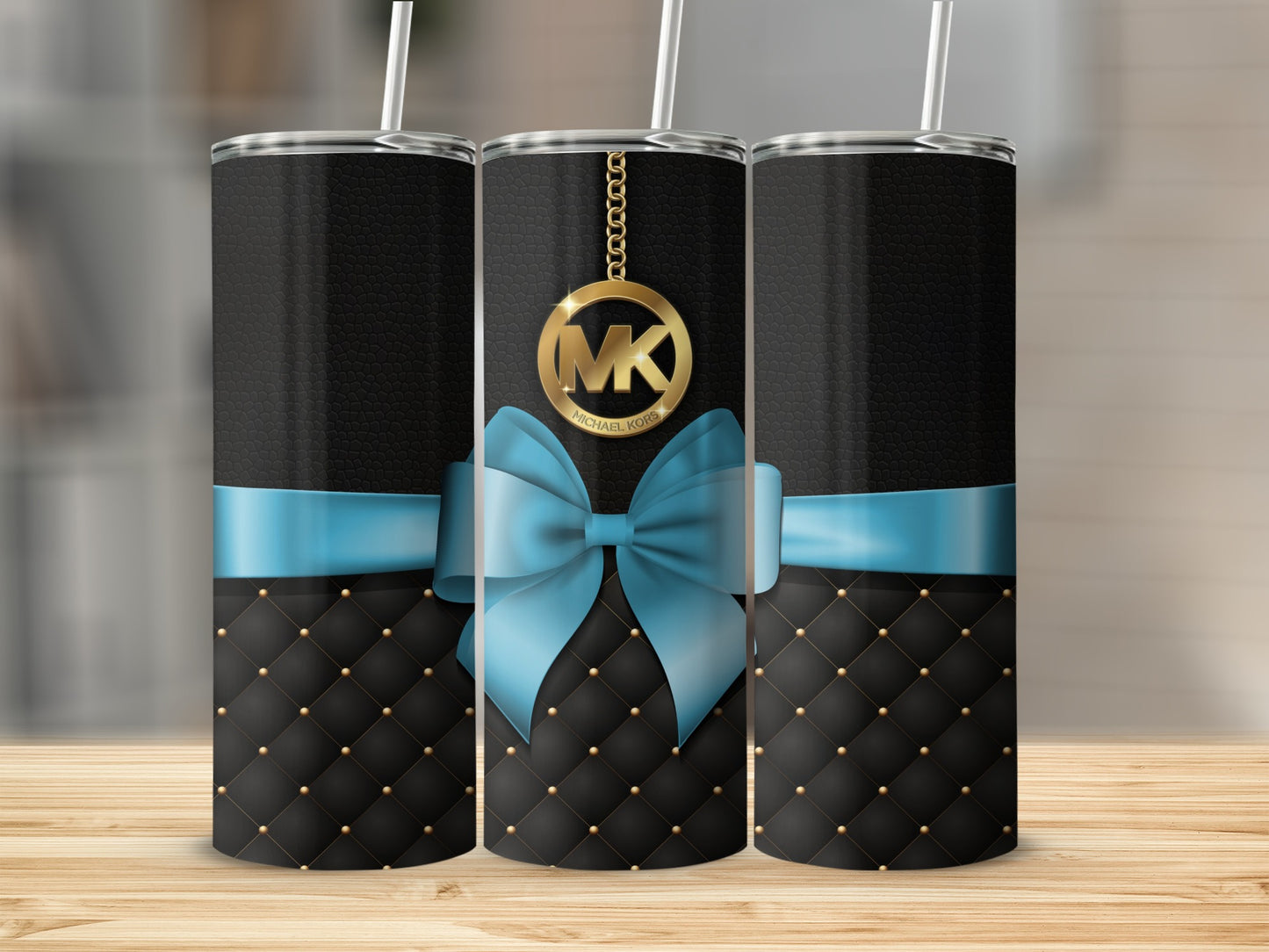 Elegant Black and Gold Tumbler with Blue Bow Design