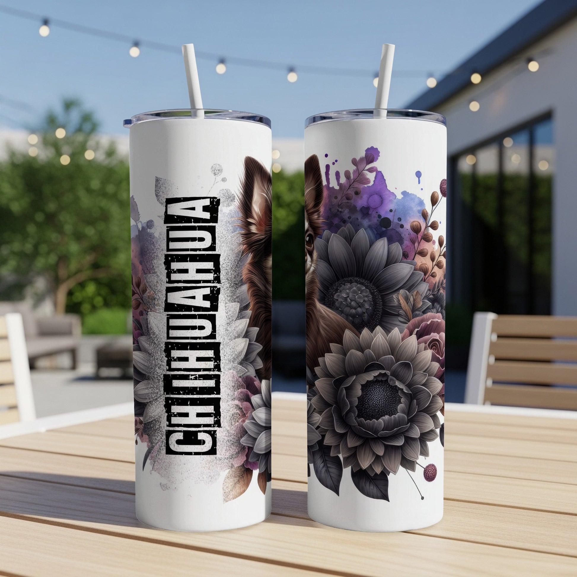 Two tumblers with "CHIHUAHUA" text and a dog portrait on a table.